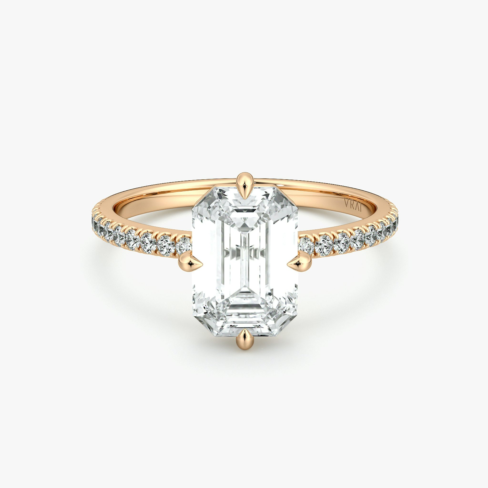 The Compass Solitaire | Emerald | 14k | Rose Gold | bandAccent: Pavé | diamondOrientation: vertical | caratWeight: other