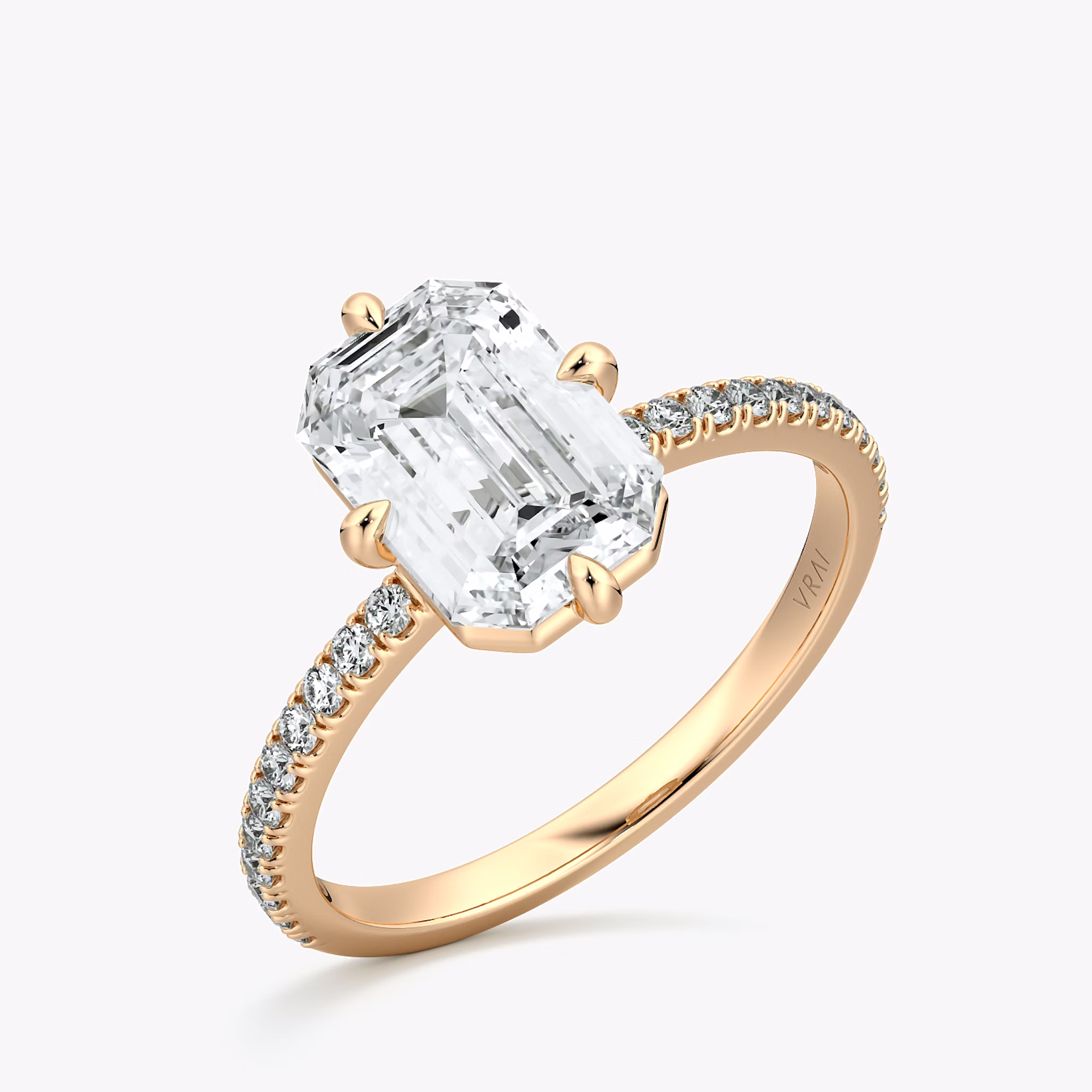 The Compass Solitaire | Emerald | 14k | Rose Gold | bandAccent: Pavé | diamondOrientation: vertical | caratWeight: other