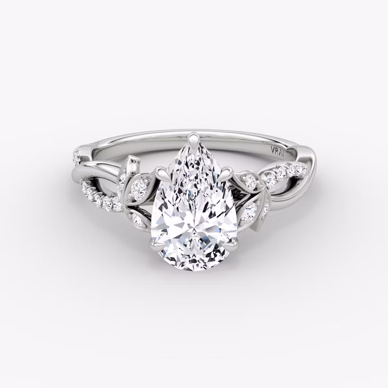 Front view of the twisted floral pear white gold engagement ring