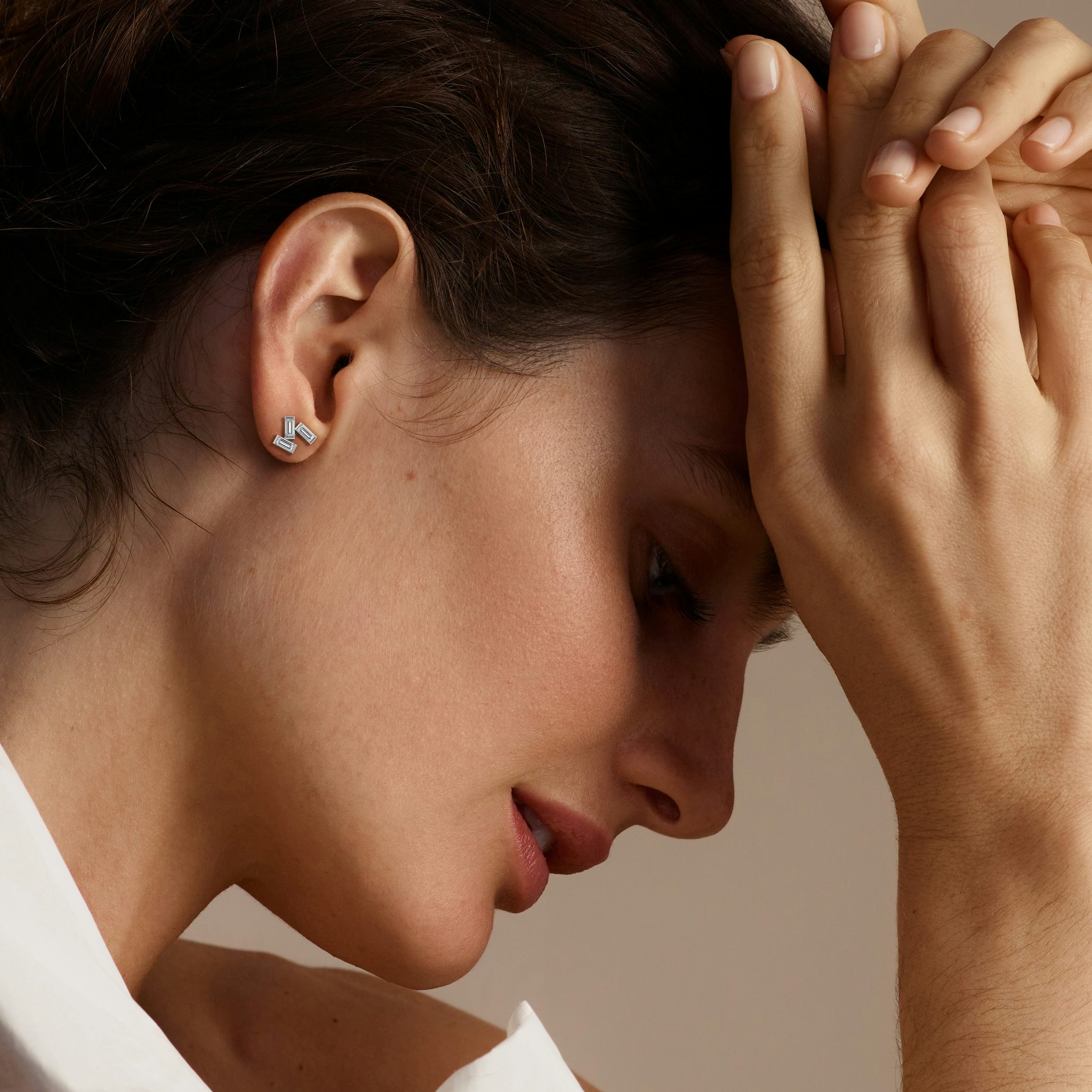 Baguette Cluster Stud | Baguette | 14k | White Gold | side: left