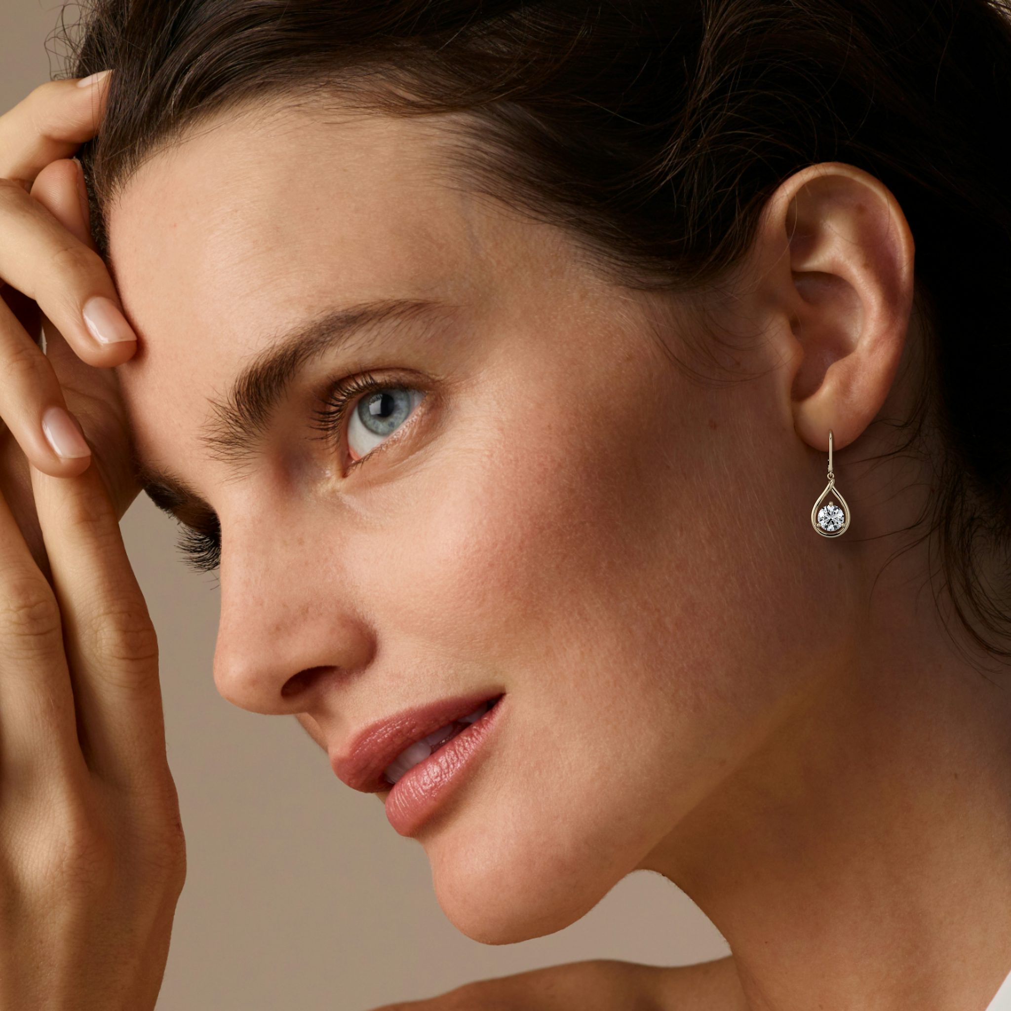 Pear Silhouette Earrings | Round Brilliant | 14k | Yellow Gold | side: left