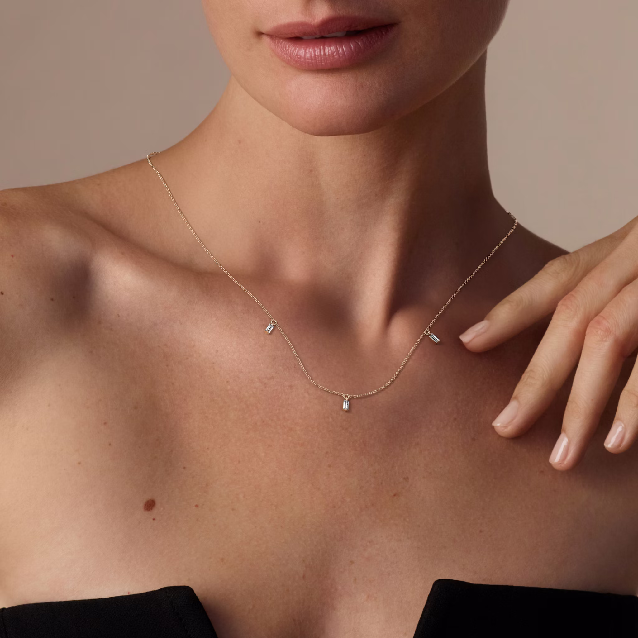Floating Baguette Station Necklace | Baguette | 14k | Yellow Gold | diamondCount: 3 | chainLength: 16-18