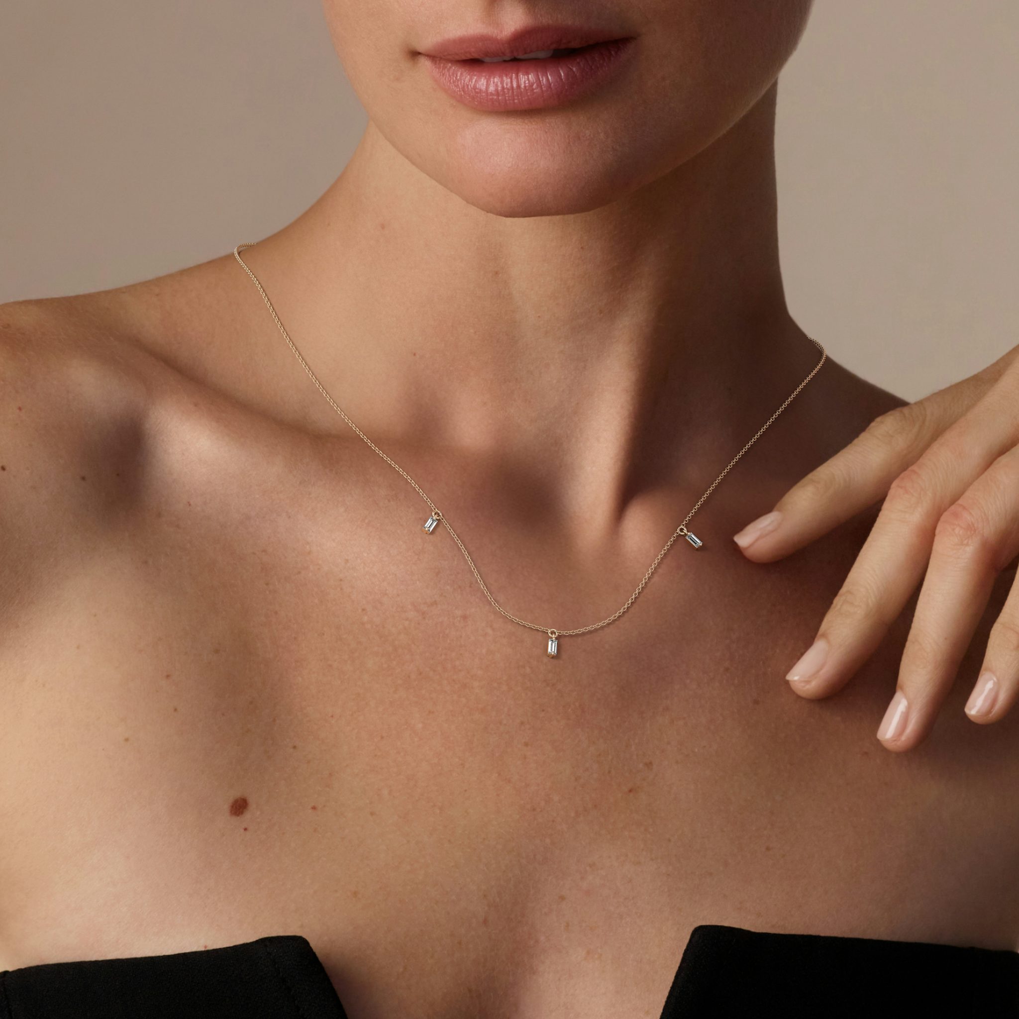 Floating Baguette Station Necklace | Baguette | 14k | Yellow Gold | diamondCount: 3 | chainLength: 16-18