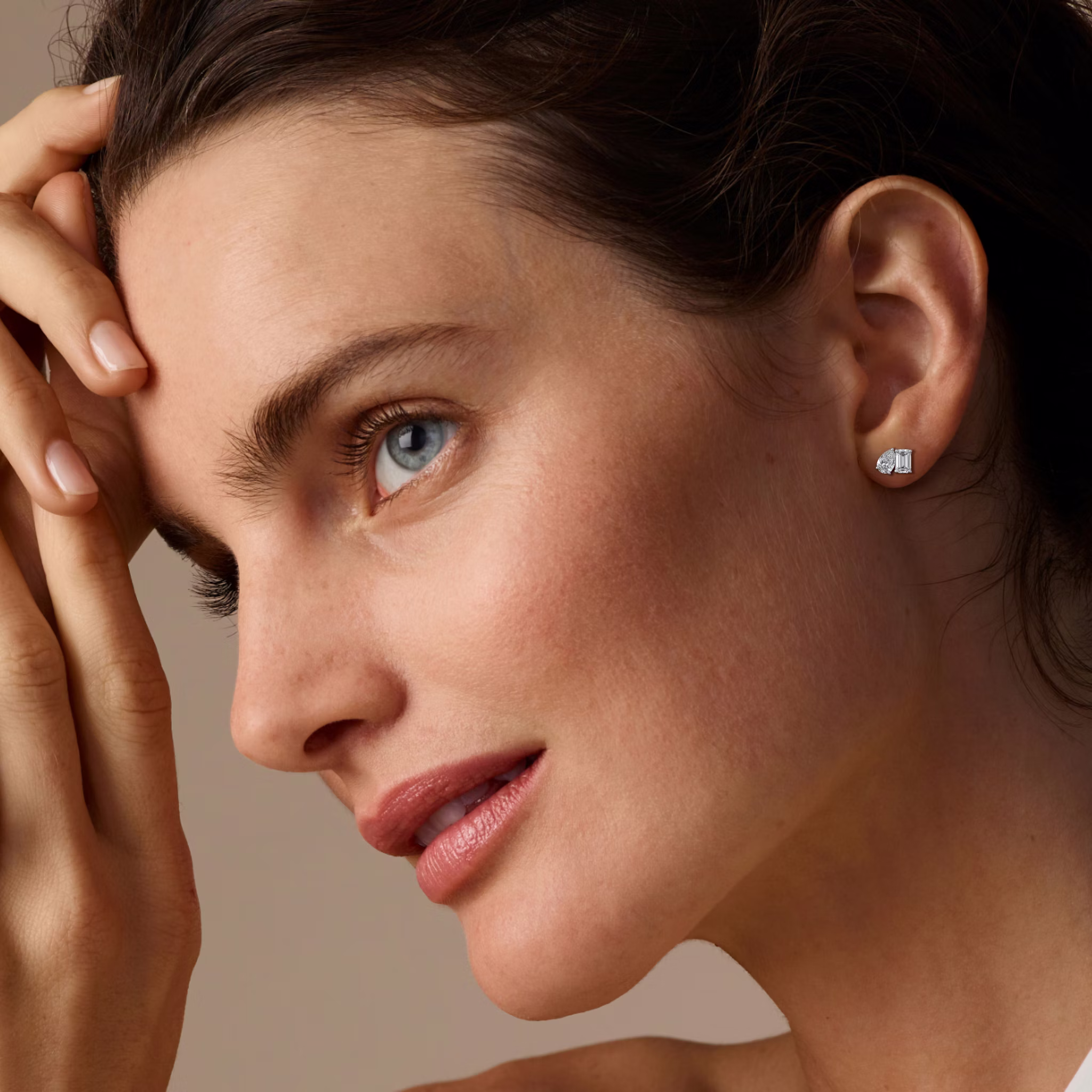 Toi et Moi Stud | Emerald and Pear | 14k | White Gold | side: left