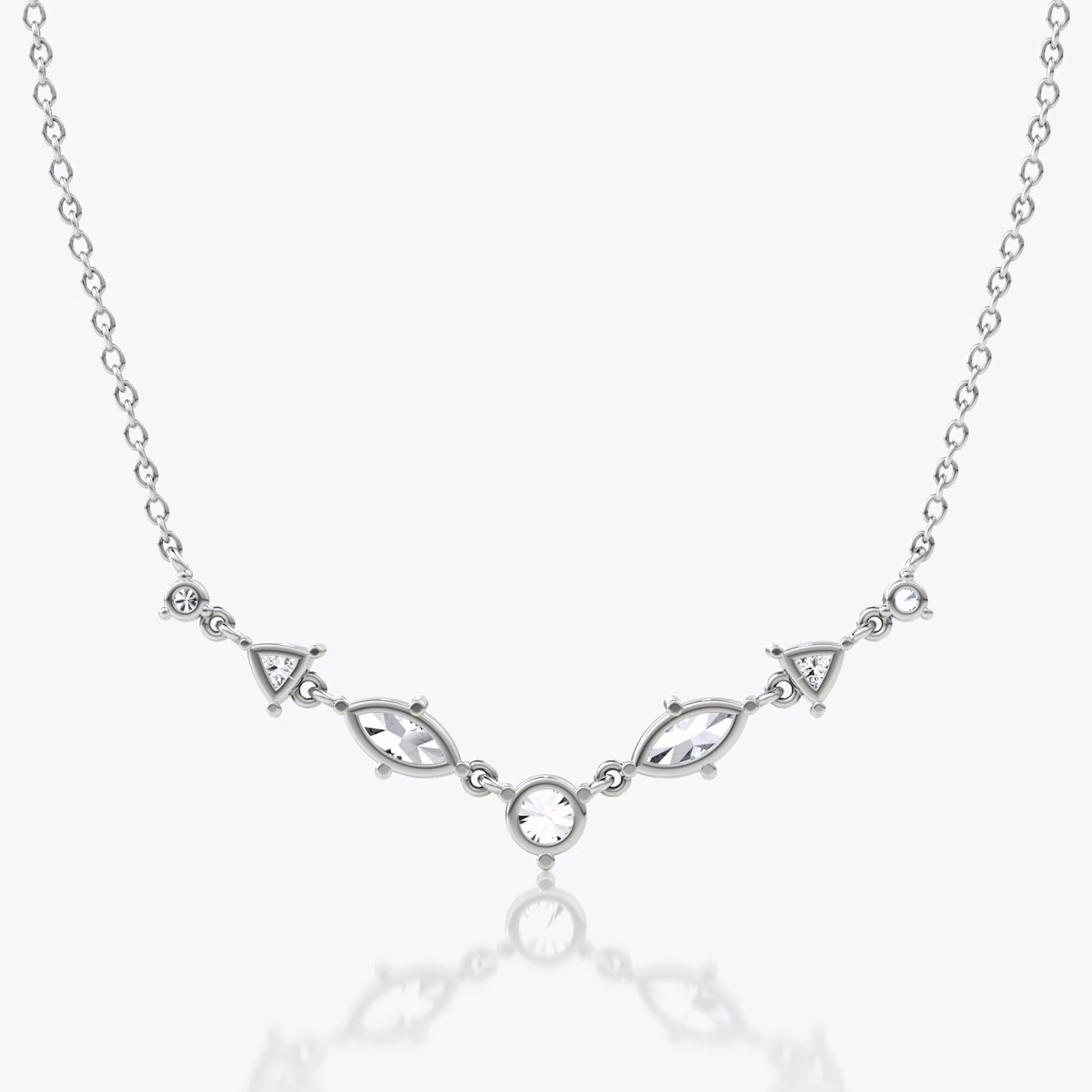 Mixed Shape Linked Tennis Necklace | Trillion | 14k | White Gold | diamondtype: round-brilliant+marquise+trillion | chainLength: 16-18