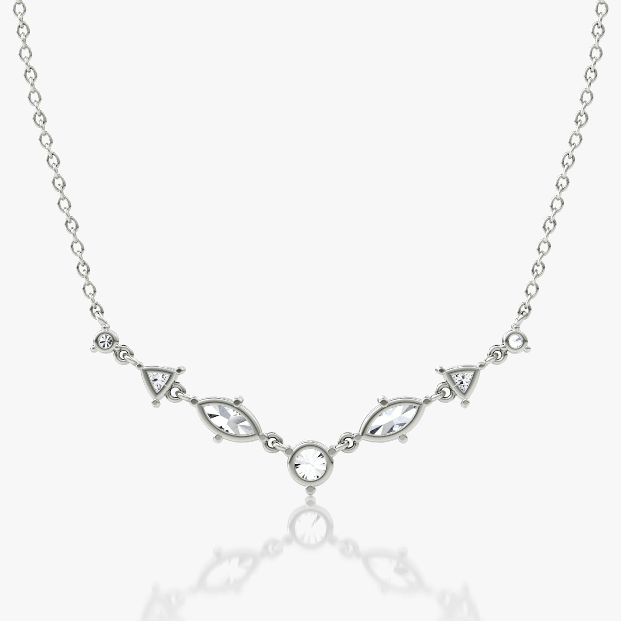 Mixed Shape Linked Tennis Necklace | Trillion | 14k | White Gold | diamondtype: round-brilliant+marquise+trillion | chainLength: 16-18