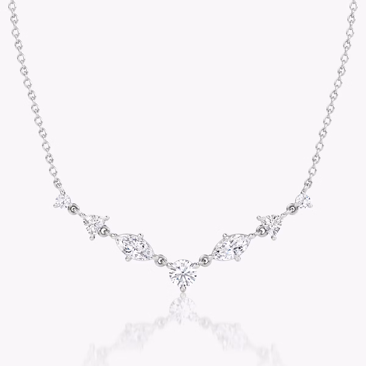 Mixed Shape Linked Tennis Necklace | Trillion | 14k | White Gold | diamondtype: round-brilliant+marquise+trillion | chainLength: 16-18