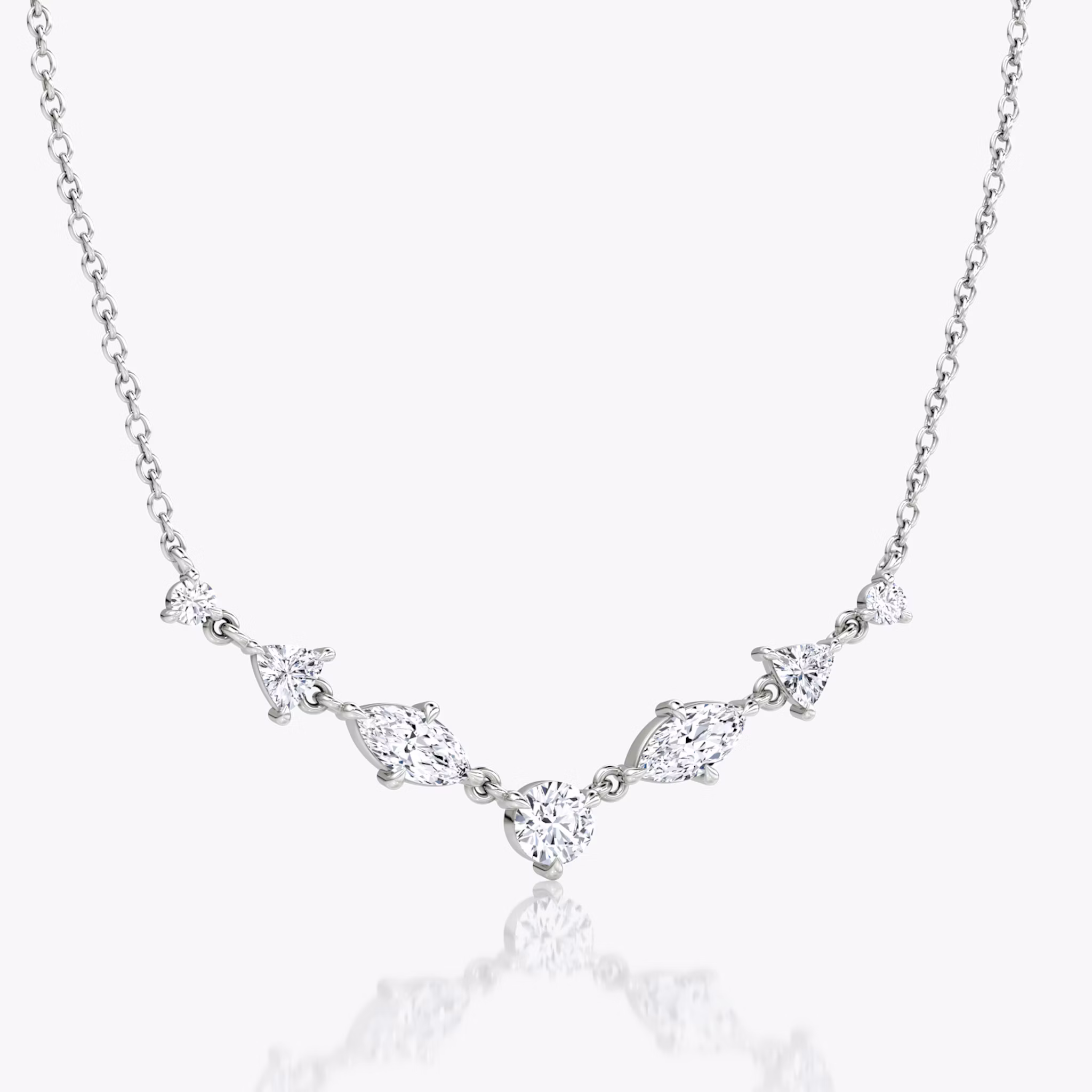 Mixed Shape Linked Tennis Necklace | Trillion | 14k | White Gold | diamondtype: round-brilliant+marquise+trillion | chainLength: 16-18