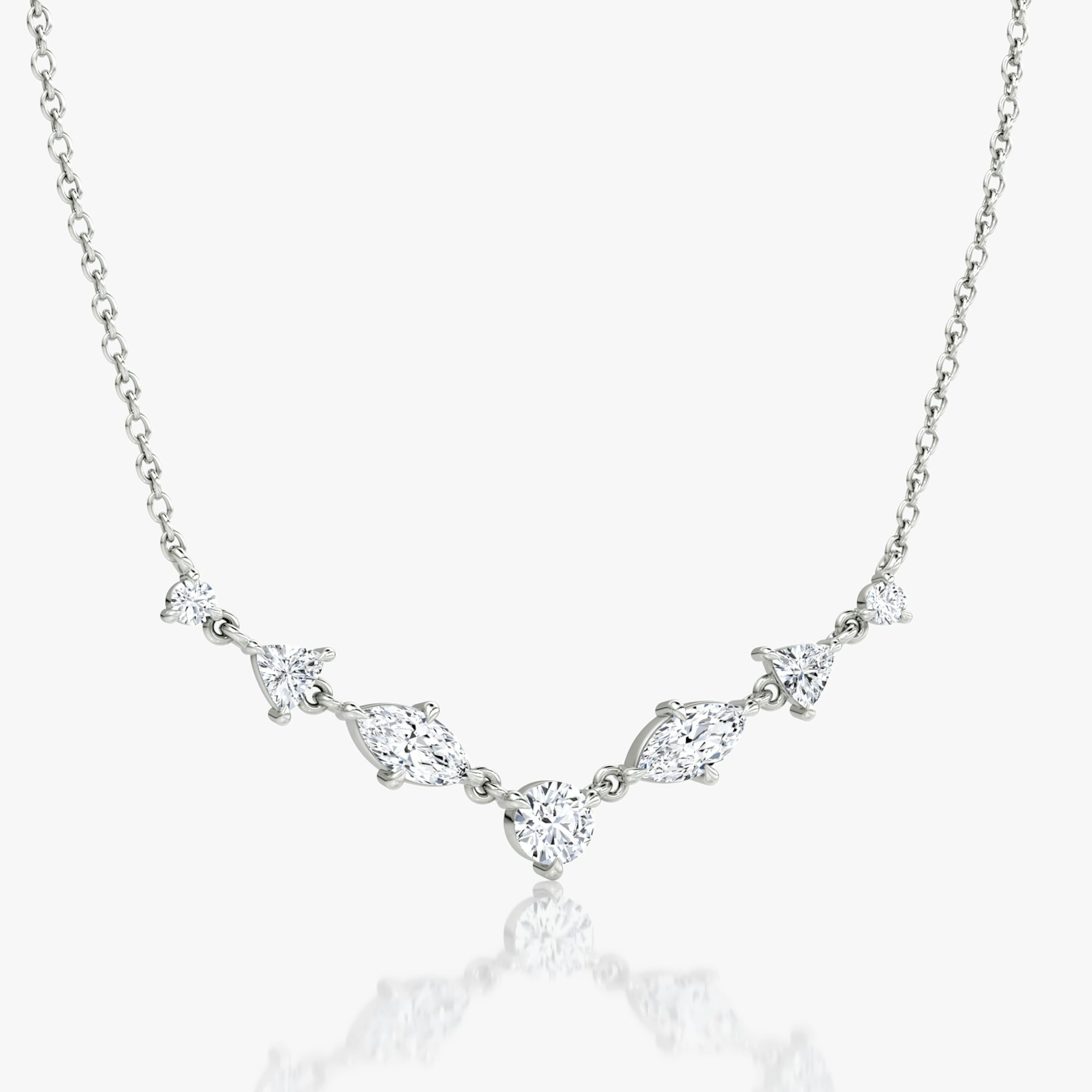 Mixed Shape Linked Tennis Necklace | Trillion | 14k | White Gold | diamondtype: round-brilliant+marquise+trillion | chainLength: 16-18