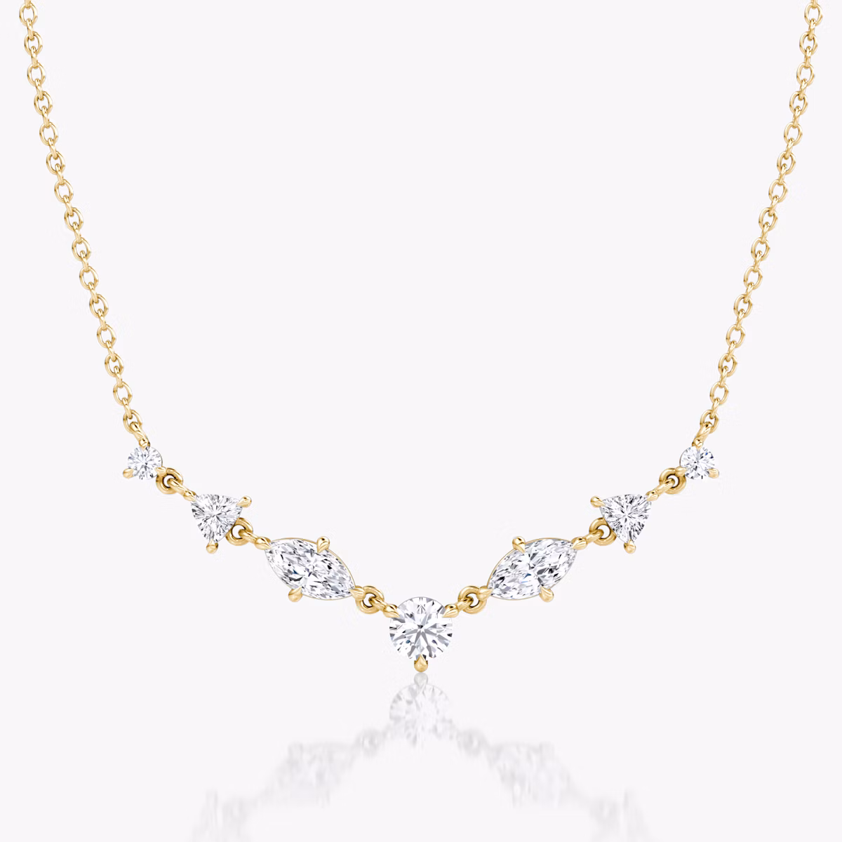 Mixed Shape Linked Tennis Necklace | Trillion | 14k | Yellow Gold | diamondtype: round-brilliant+marquise+trillion | chainLength: 16-18