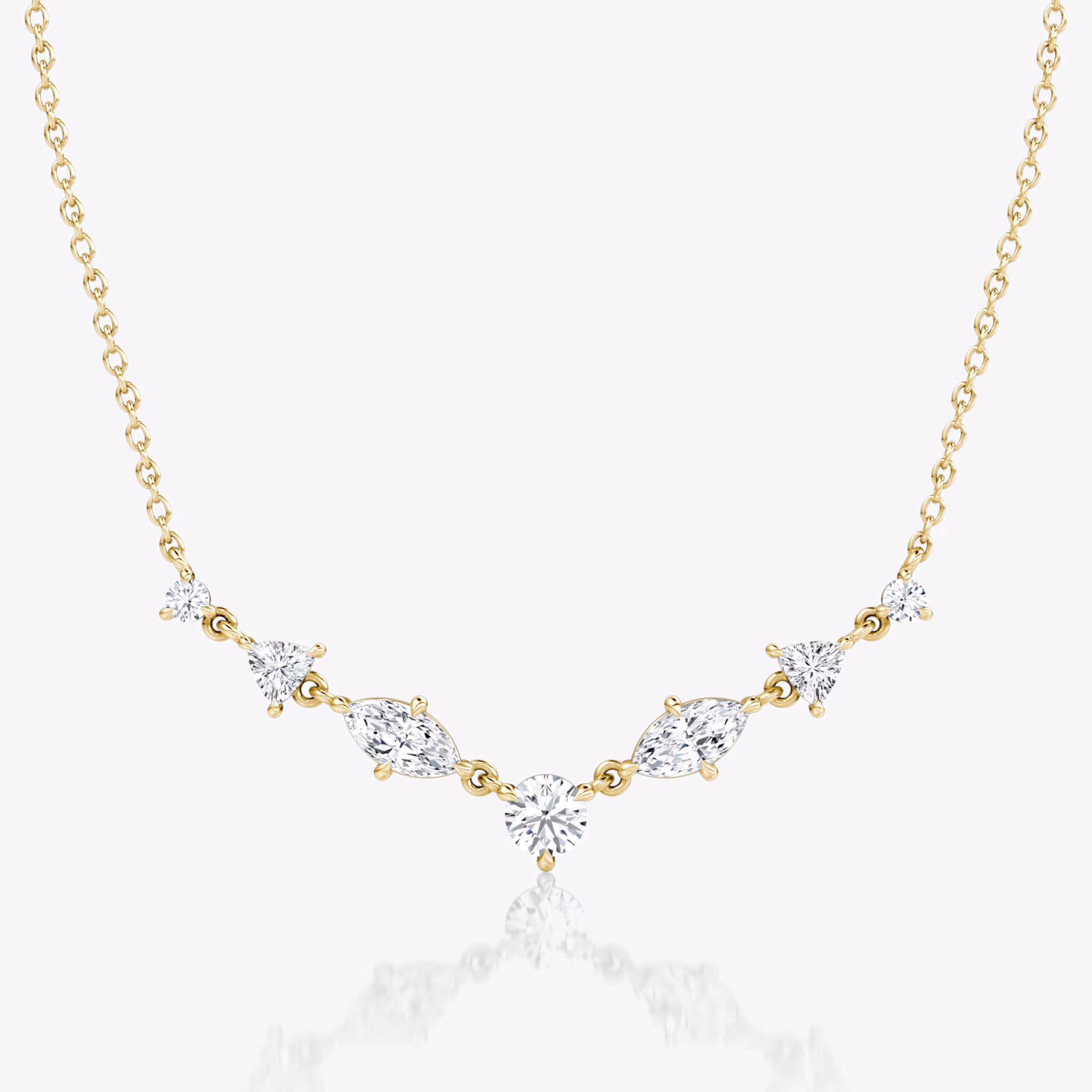 Mixed Shape Linked Tennis Necklace | Trillion | 14k | Yellow Gold | diamondtype: round-brilliant+marquise+trillion | chainLength: 16-18