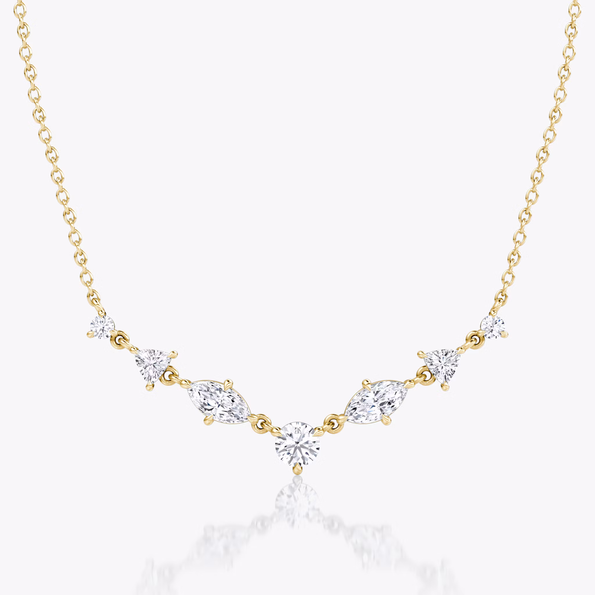 Mixed Shape Linked Tennis Necklace | Trillion | 14k | Yellow Gold | diamondtype: round-brilliant+marquise+trillion | chainLength: 16-18