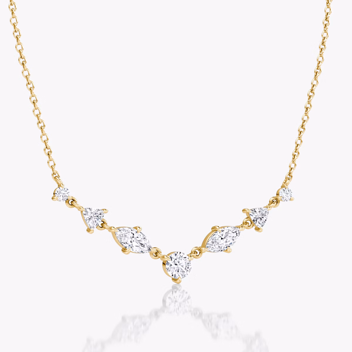 Mixed Shape Linked Tennis Necklace | Trillion | 14k | Yellow Gold | diamondtype: round-brilliant+marquise+trillion | chainLength: 16-18