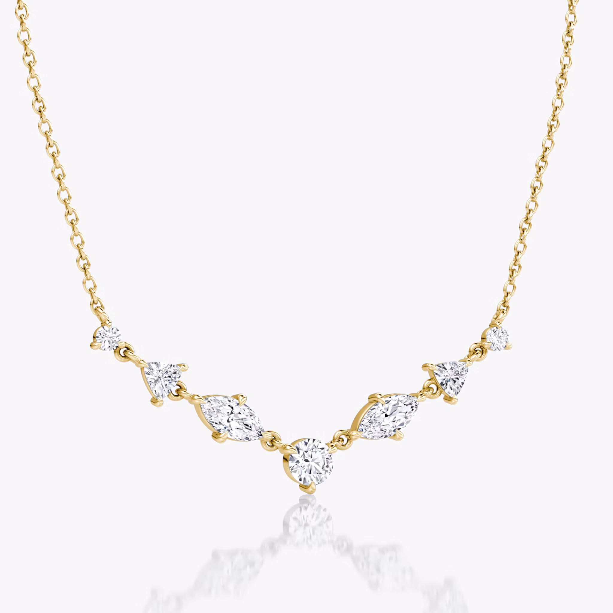 Mixed Shape Linked Tennis Necklace | Trillion | 14k | Yellow Gold | diamondtype: round-brilliant+marquise+trillion | chainLength: 16-18