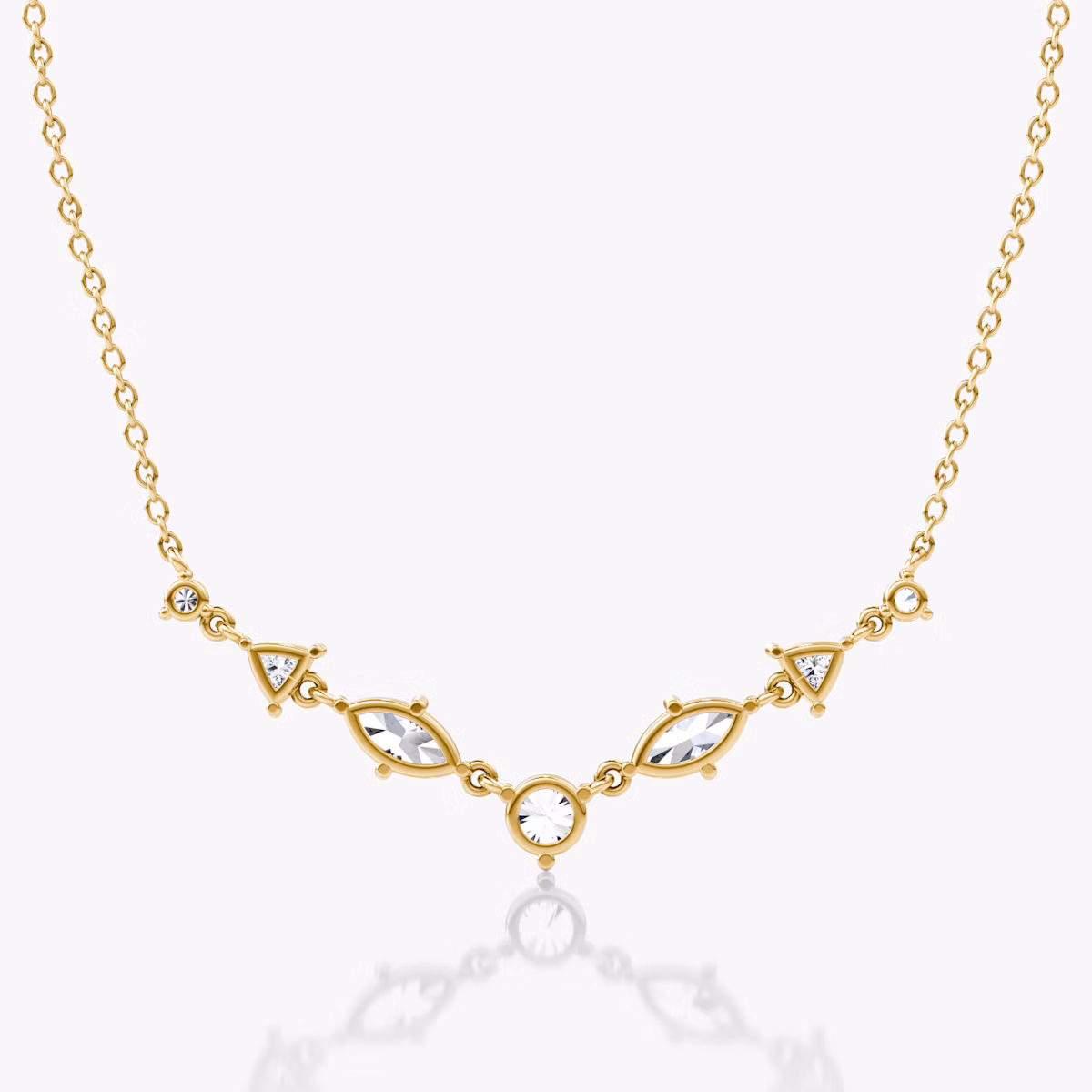 Mixed Shape Linked Tennis Necklace | Trillion | 14k | Yellow Gold | diamondtype: round-brilliant+marquise+trillion | chainLength: 16-18