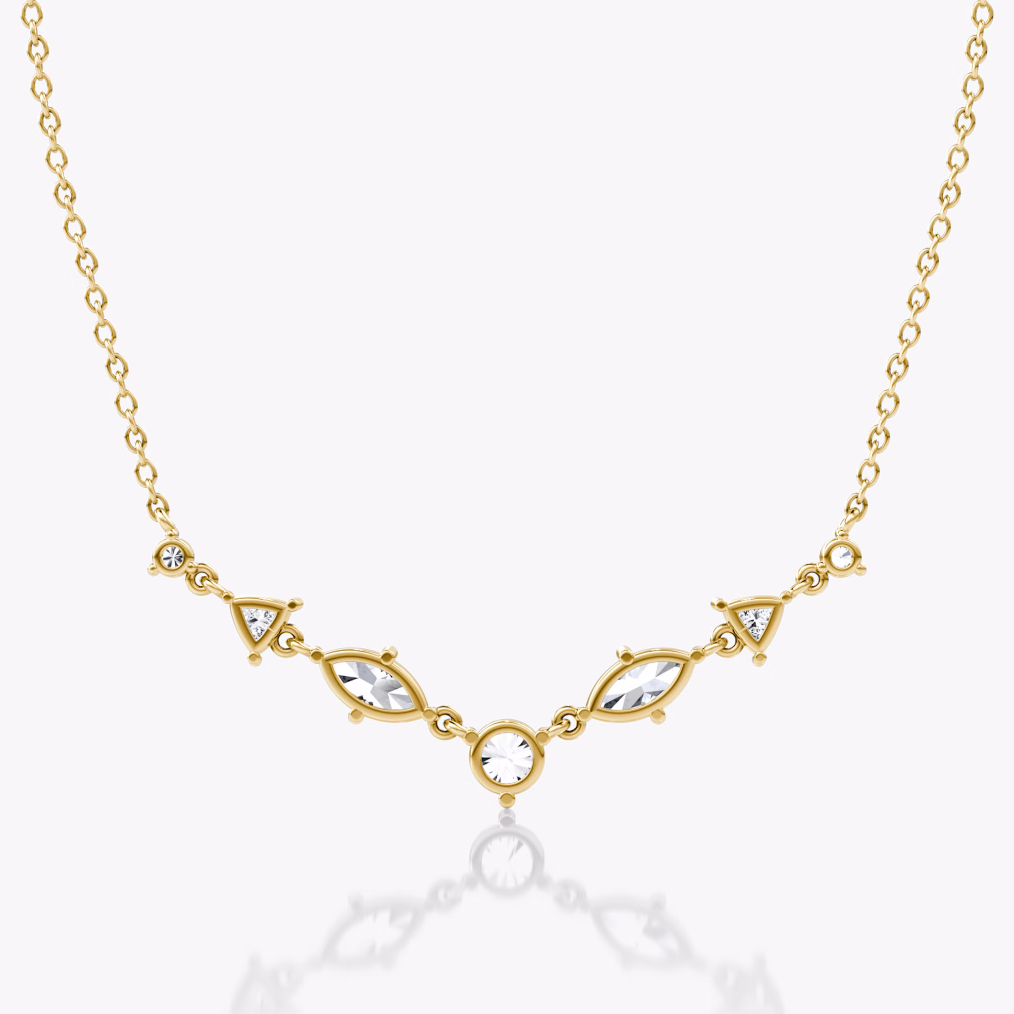 Mixed Shape Linked Tennis Necklace | Trillion | 14k | Yellow Gold | diamondtype: round-brilliant+marquise+trillion | chainLength: 16-18