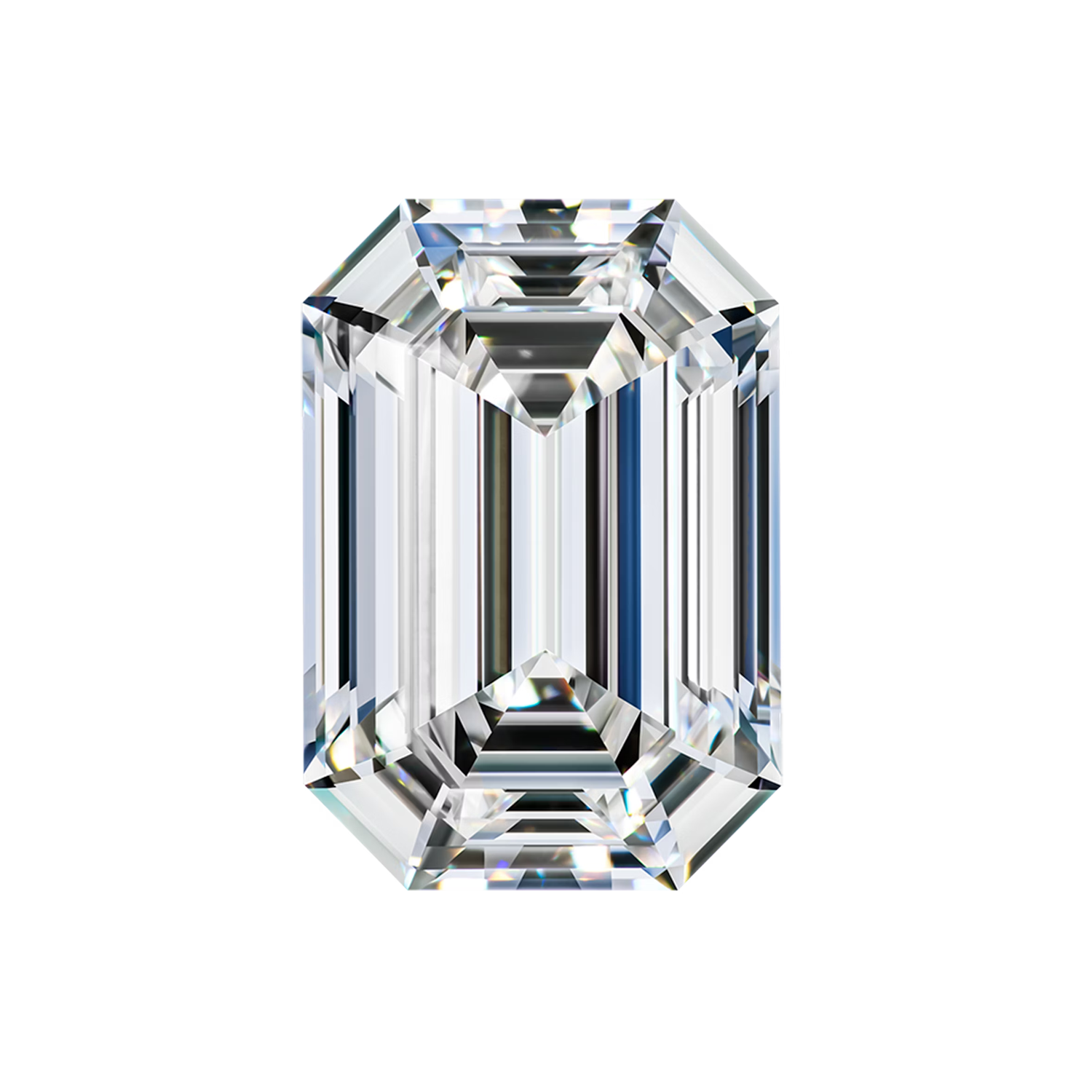 Emerald cut VRAI created diamond with step-cut facets and rectangular shape, shown on a neutral background.