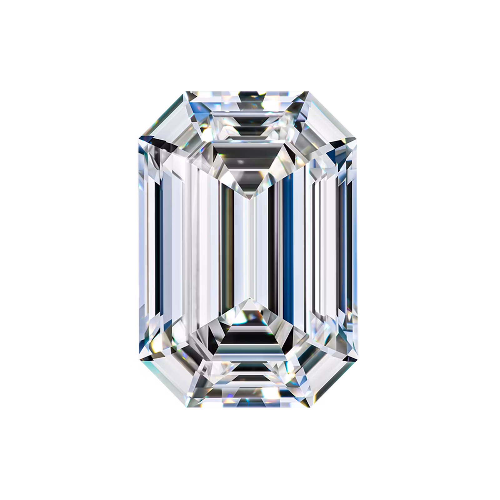 Emerald cut VRAI created diamond with step-cut facets and rectangular shape, shown on a neutral background.