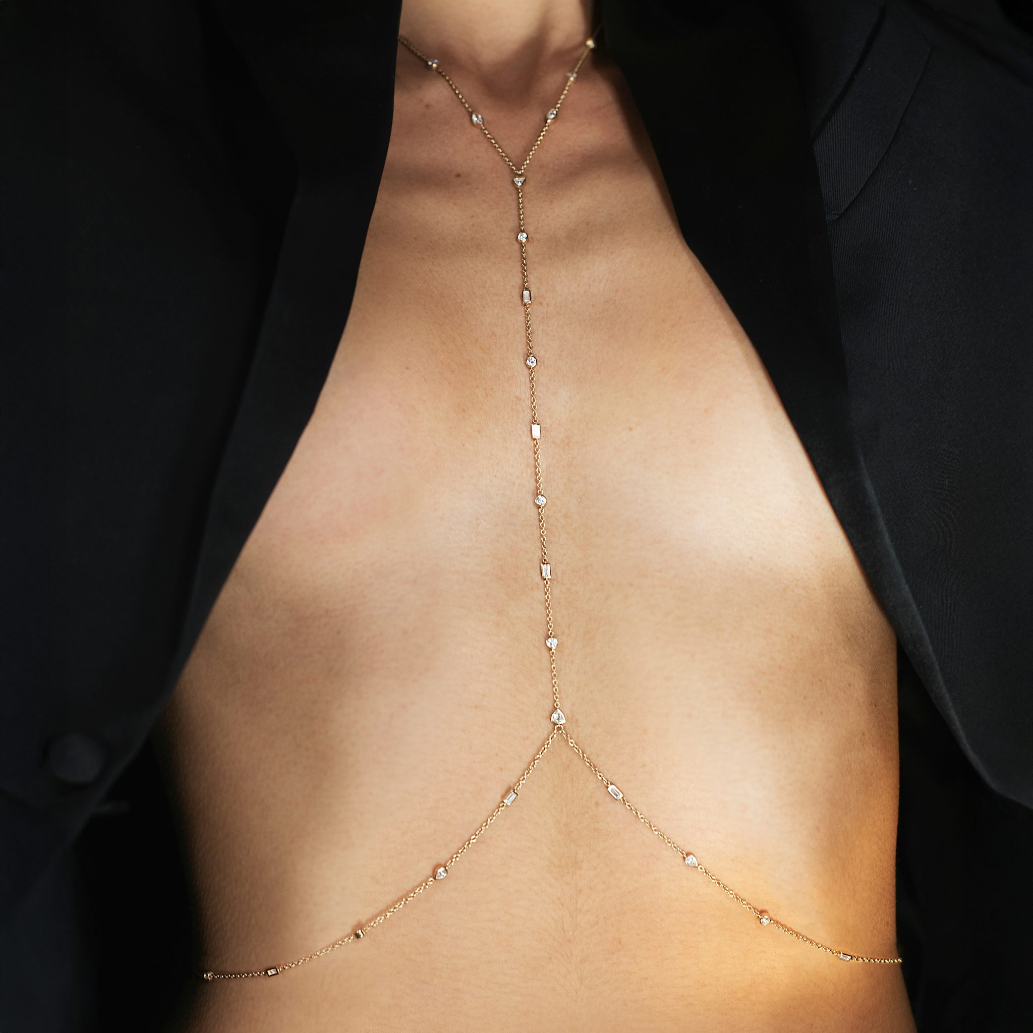 Mixed Shape Station Body Chain | trillion+marquise+pear+baguette+round-brilliant | 14k | White Gold