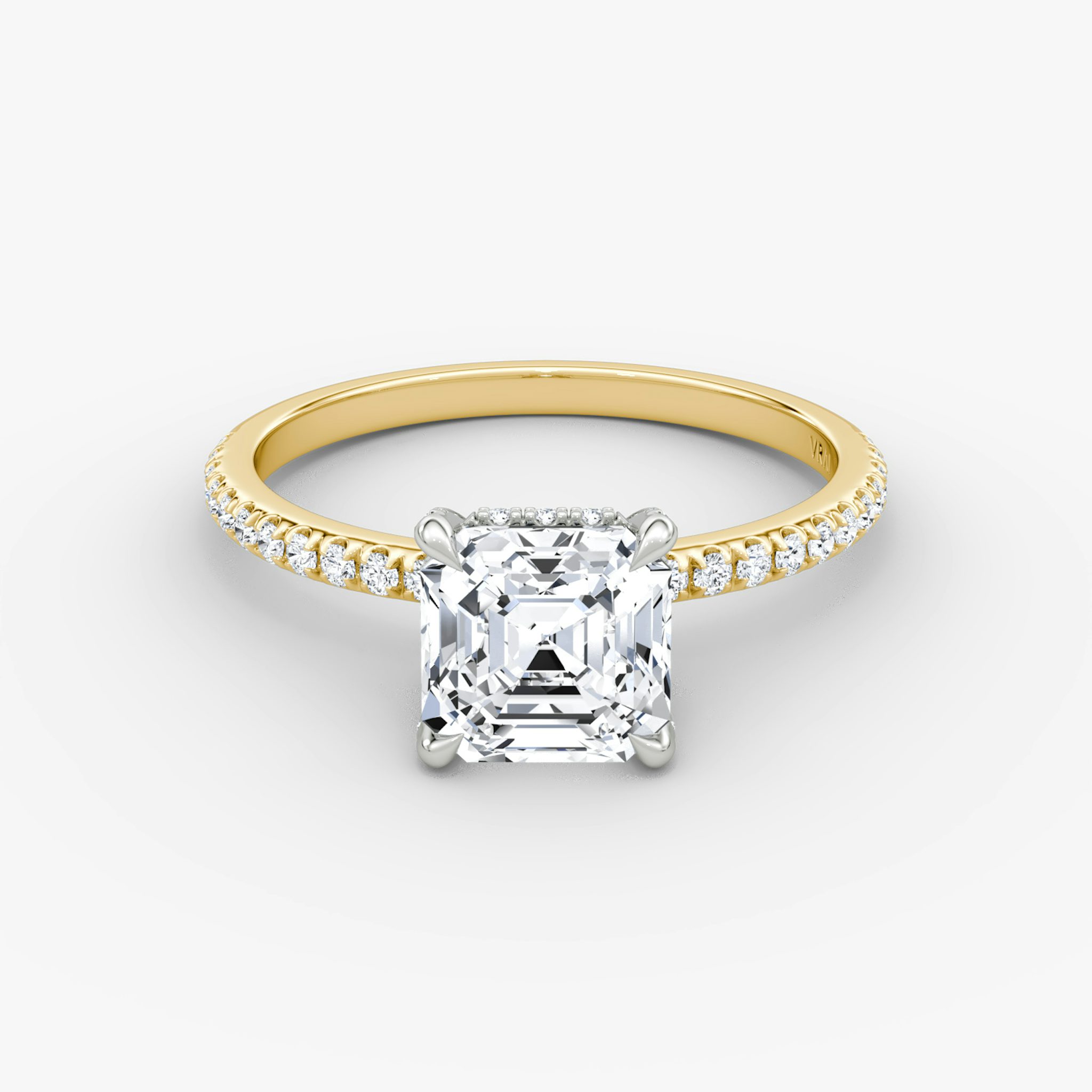 The Classic Hidden Halo | Asscher | 18k | Yellow Gold and Platinum | bandAccent: Pavé | bandWidth: standard | prongStyle: Pavé | diamondOrientation: vertical | caratWeight: other