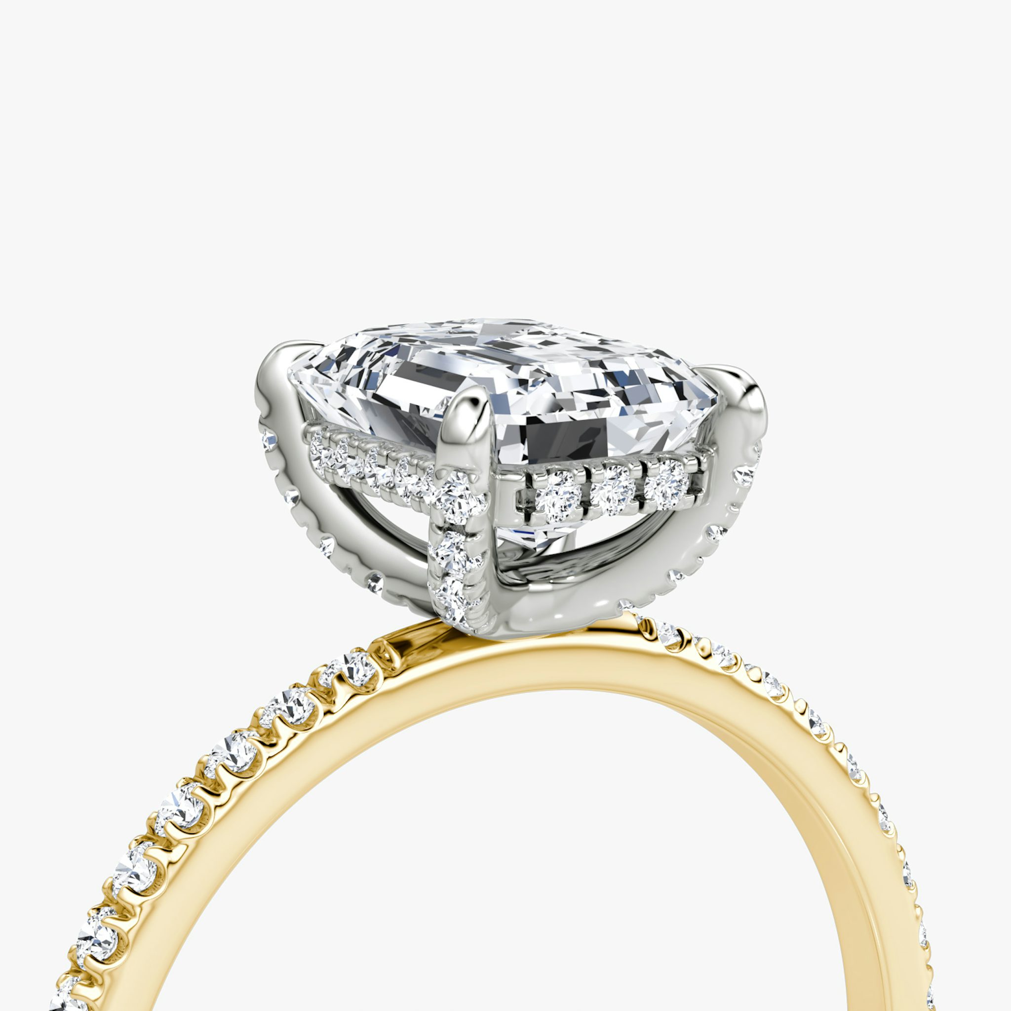 The Classic Hidden Halo | Emerald | 18k | Yellow Gold and Platinum | bandAccent: Pavé | bandWidth: standard | prongStyle: Pavé | diamondOrientation: vertical | caratWeight: other