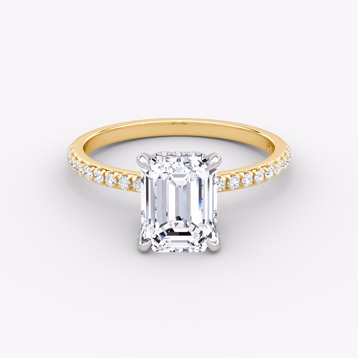 The Classic Hidden Halo | Emerald | 18k | Yellow Gold and Platinum | bandAccent: Pavé | bandWidth: standard | prongStyle: Pavé | diamondOrientation: vertical | caratWeight: other