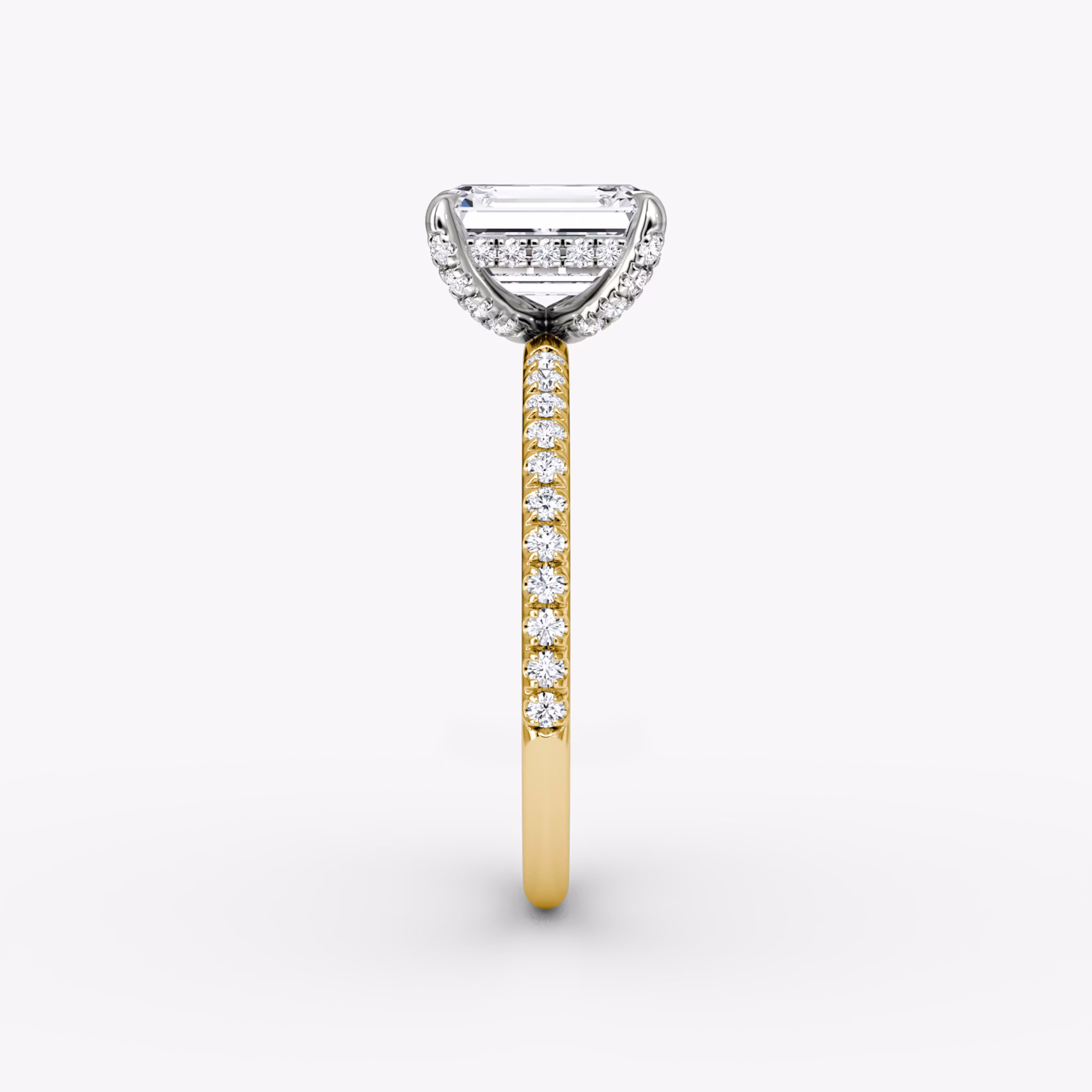 The Classic Hidden Halo | Emerald | 18k | Yellow Gold and Platinum | bandAccent: Pavé | bandWidth: standard | prongStyle: Pavé | diamondOrientation: vertical | caratWeight: other