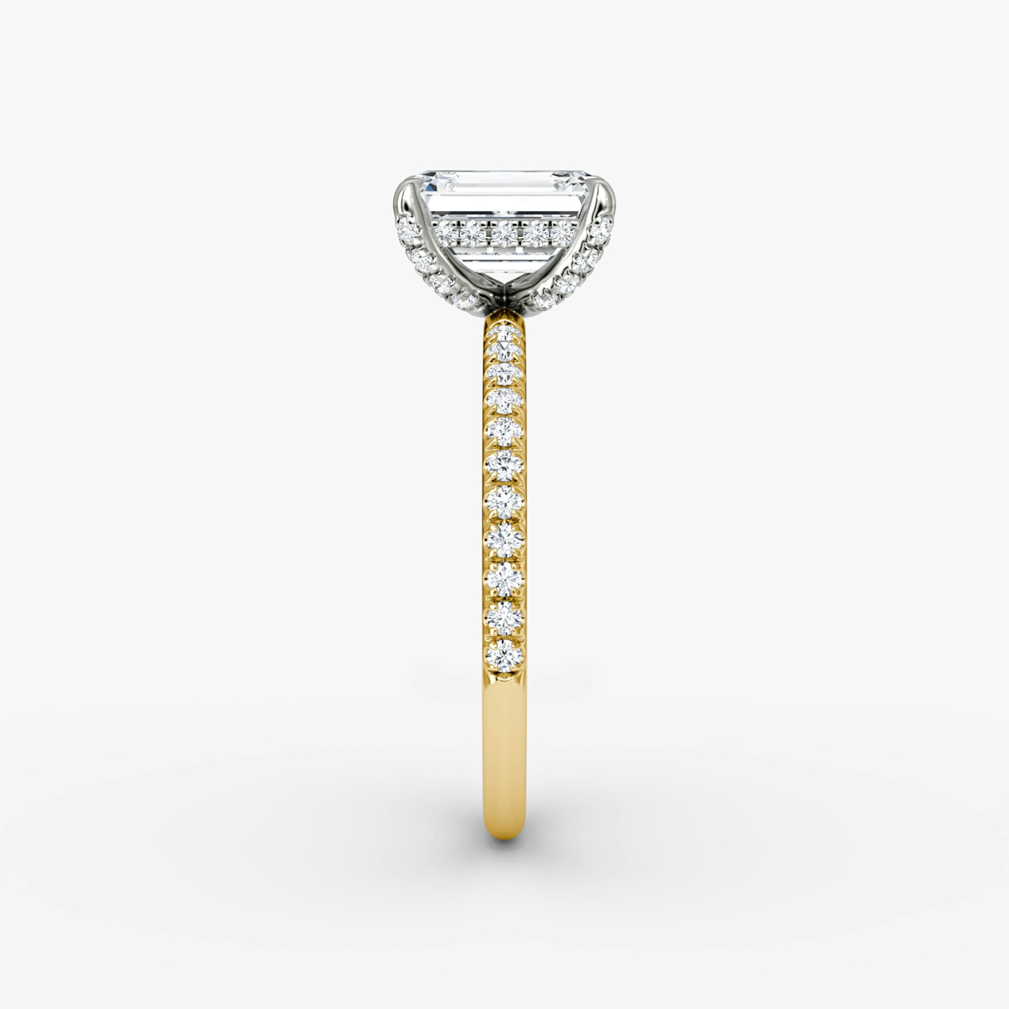 The Classic Hidden Halo | Emerald | 18k | Yellow Gold and Platinum | bandAccent: Pavé | bandWidth: standard | prongStyle: Pavé | diamondOrientation: vertical | caratWeight: other