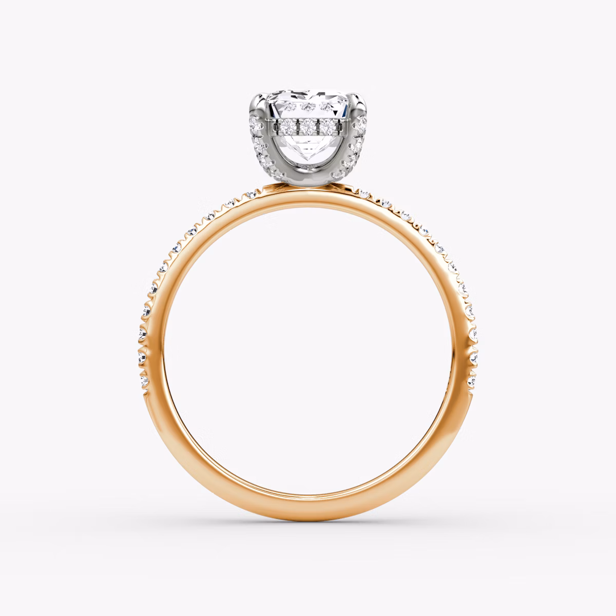 The Classic Hidden Halo | Emerald | 14k | Rose Gold and Platinum | bandAccent: Pavé | bandWidth: standard | prongStyle: Pavé | diamondOrientation: vertical | caratWeight: other