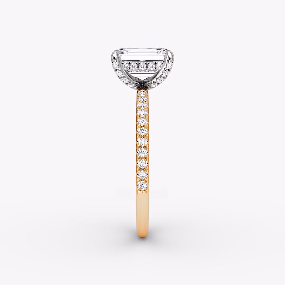The Classic Hidden Halo | Emerald | 14k | Rose Gold and Platinum | bandAccent: Pavé | bandWidth: standard | prongStyle: Pavé | diamondOrientation: vertical | caratWeight: other