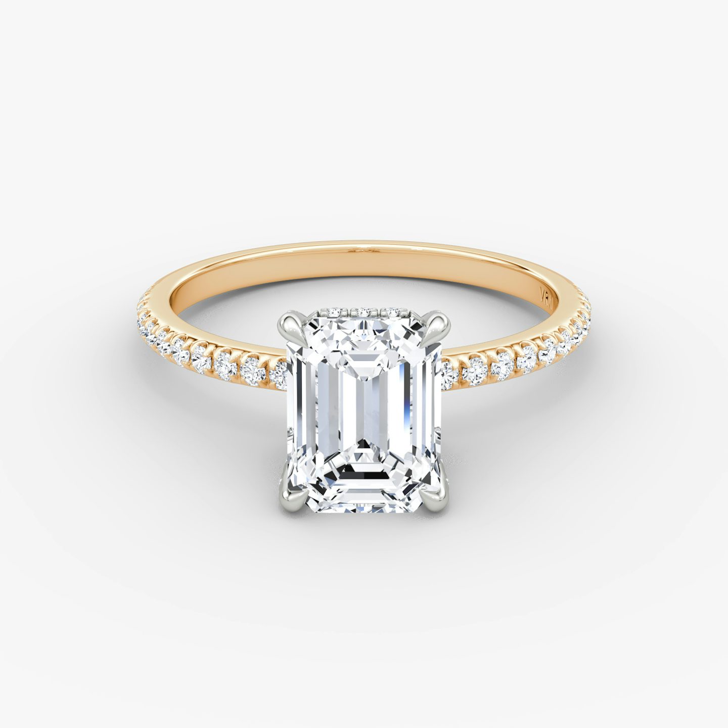 The Classic Hidden Halo | Emerald | 14k | Rose Gold and Platinum | bandAccent: Pavé | bandWidth: standard | prongStyle: Pavé | diamondOrientation: vertical | caratWeight: other