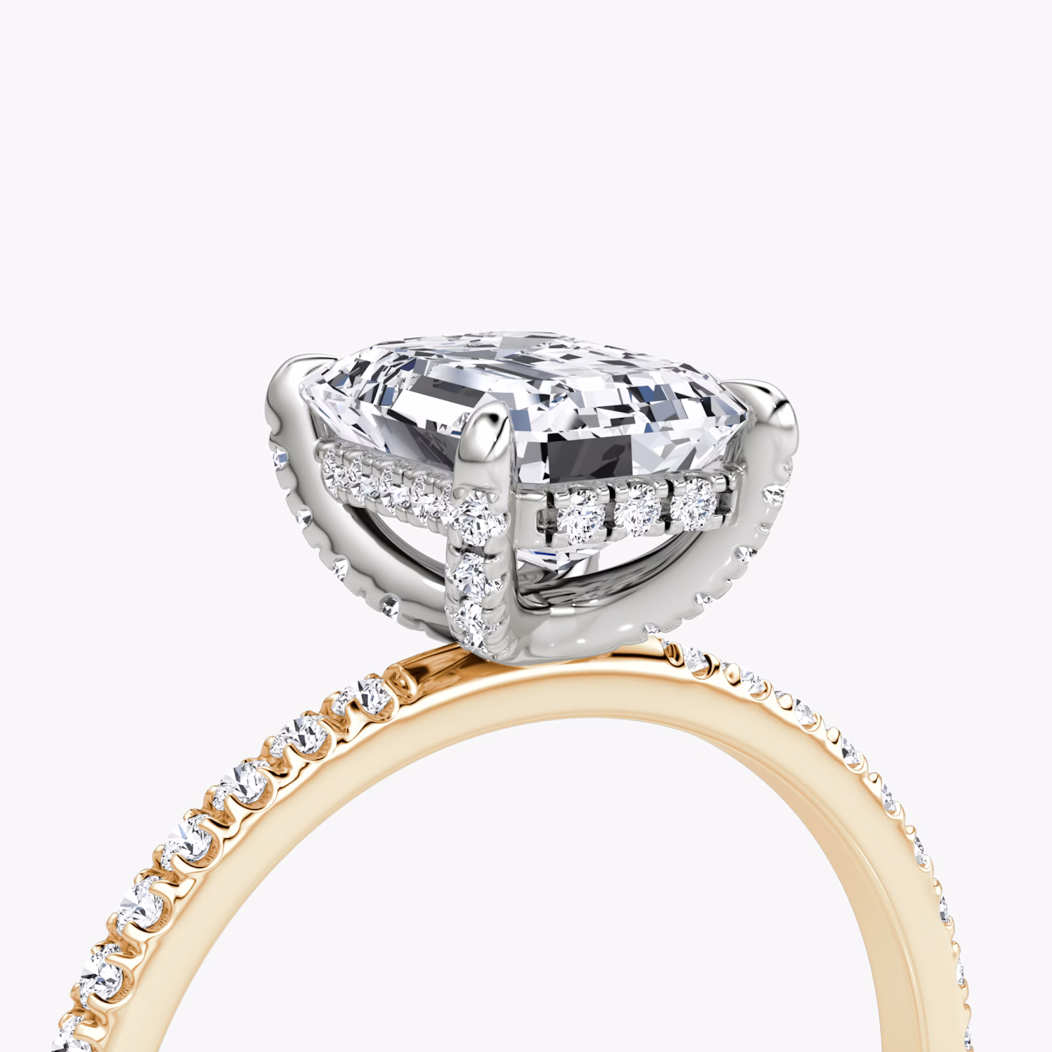 The Classic Hidden Halo | Emerald | 14k | Rose Gold and Platinum | bandAccent: Pavé | bandWidth: standard | prongStyle: Pavé | diamondOrientation: vertical | caratWeight: other