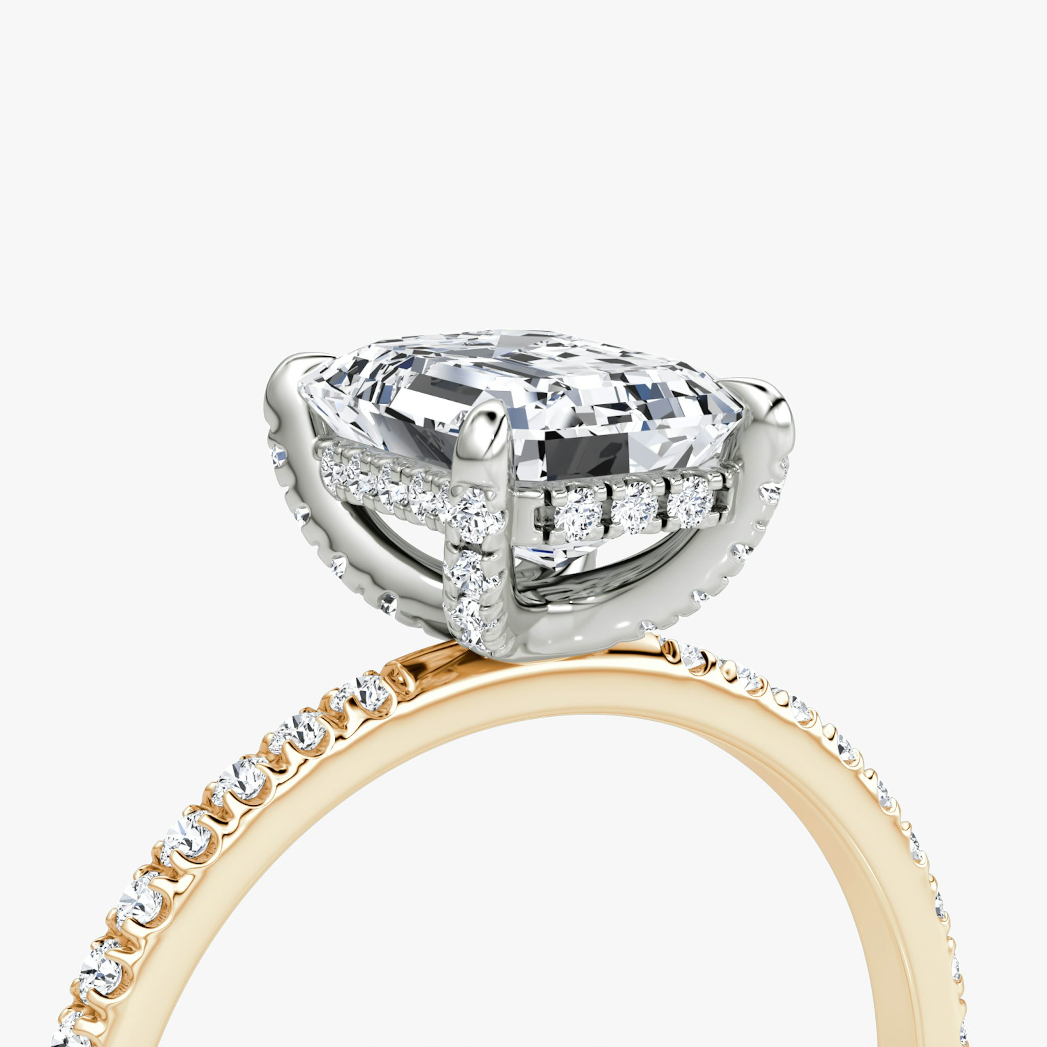 The Classic Hidden Halo | Emerald | 14k | Rose Gold and Platinum | bandAccent: Pavé | bandWidth: standard | prongStyle: Pavé | diamondOrientation: vertical | caratWeight: other