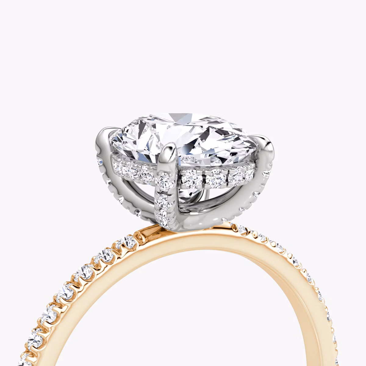 The Classic Hidden Halo | Oval | 14k | Rose Gold and Platinum | bandAccent: Pavé | bandWidth: standard | prongStyle: Pavé | diamondOrientation: vertical | caratWeight: other
