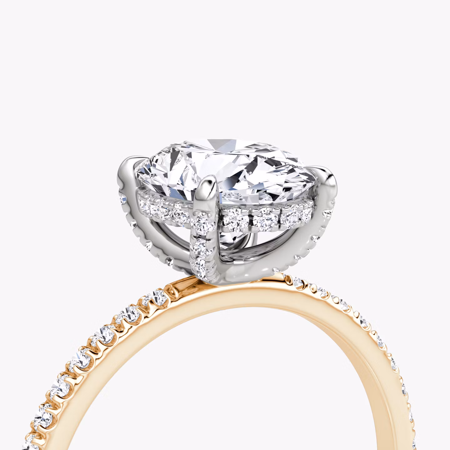 The Classic Hidden Halo | Oval | 14k | Rose Gold and Platinum | bandAccent: Pavé | bandWidth: standard | prongStyle: Pavé | diamondOrientation: vertical | caratWeight: other