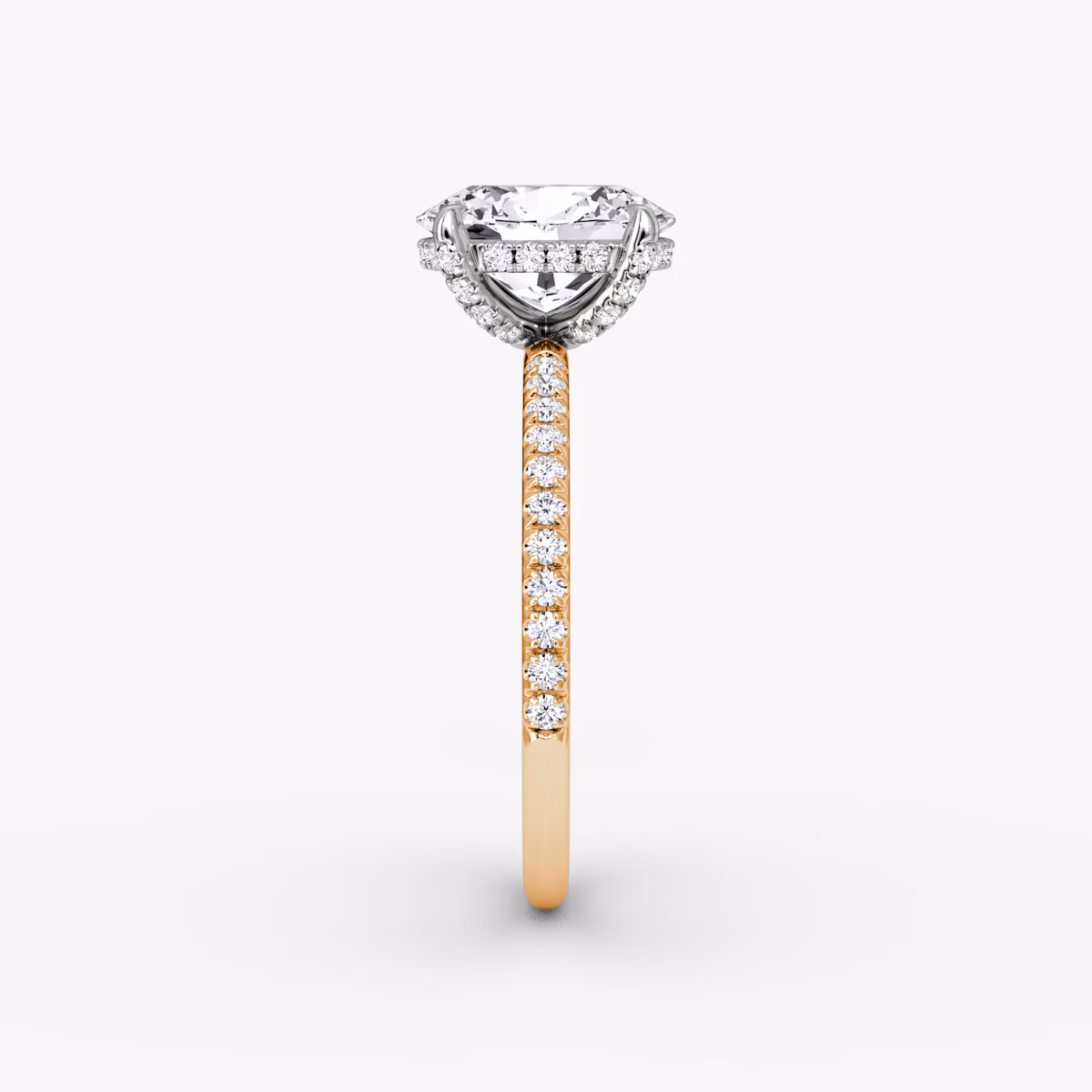 The Classic Hidden Halo | Oval | 14k | Rose Gold and Platinum | bandAccent: Pavé | bandWidth: standard | prongStyle: Pavé | diamondOrientation: vertical | caratWeight: other