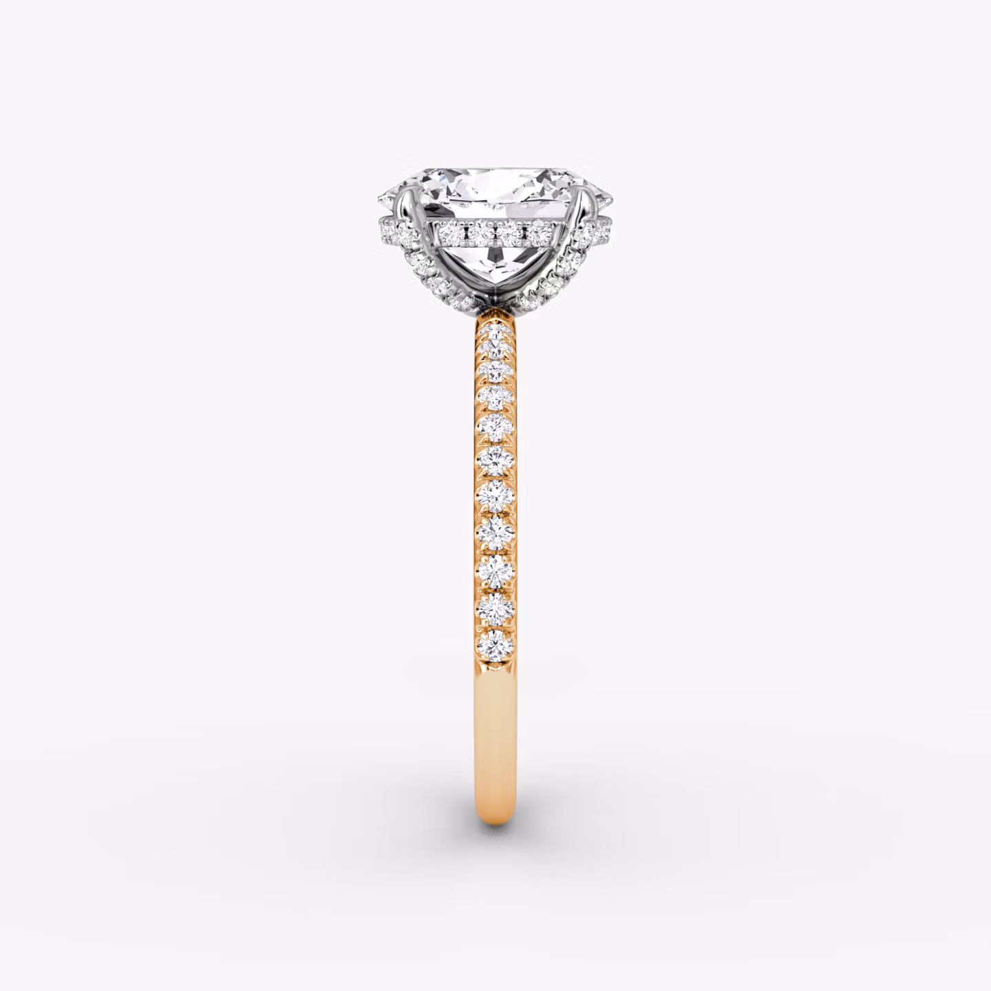 The Classic Hidden Halo | Oval | 14k | Rose Gold and Platinum | bandAccent: Pavé | bandWidth: standard | prongStyle: Pavé | diamondOrientation: vertical | caratWeight: other