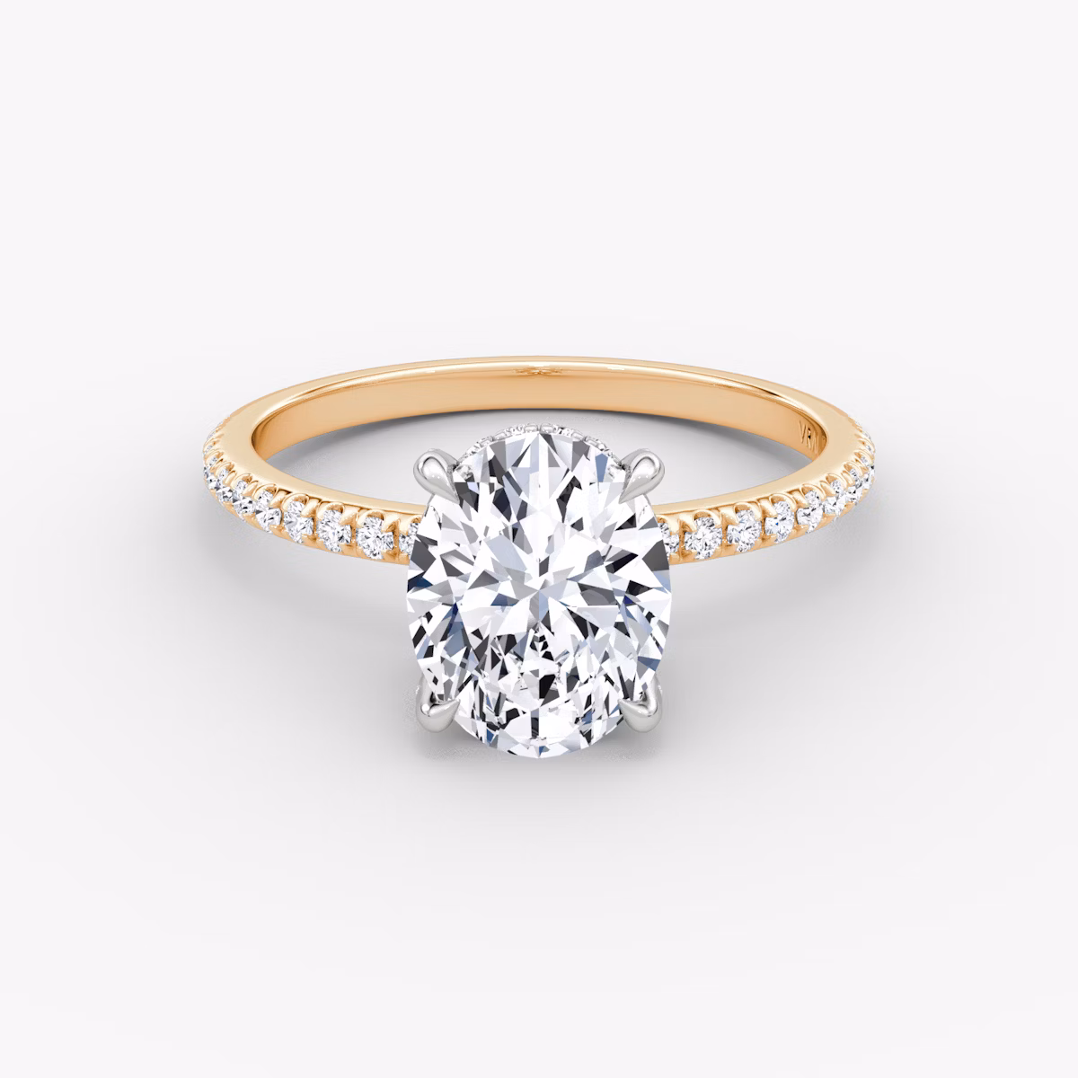 The Classic Hidden Halo | Oval | 14k | Rose Gold and Platinum | bandAccent: Pavé | bandWidth: standard | prongStyle: Pavé | diamondOrientation: vertical | caratWeight: other