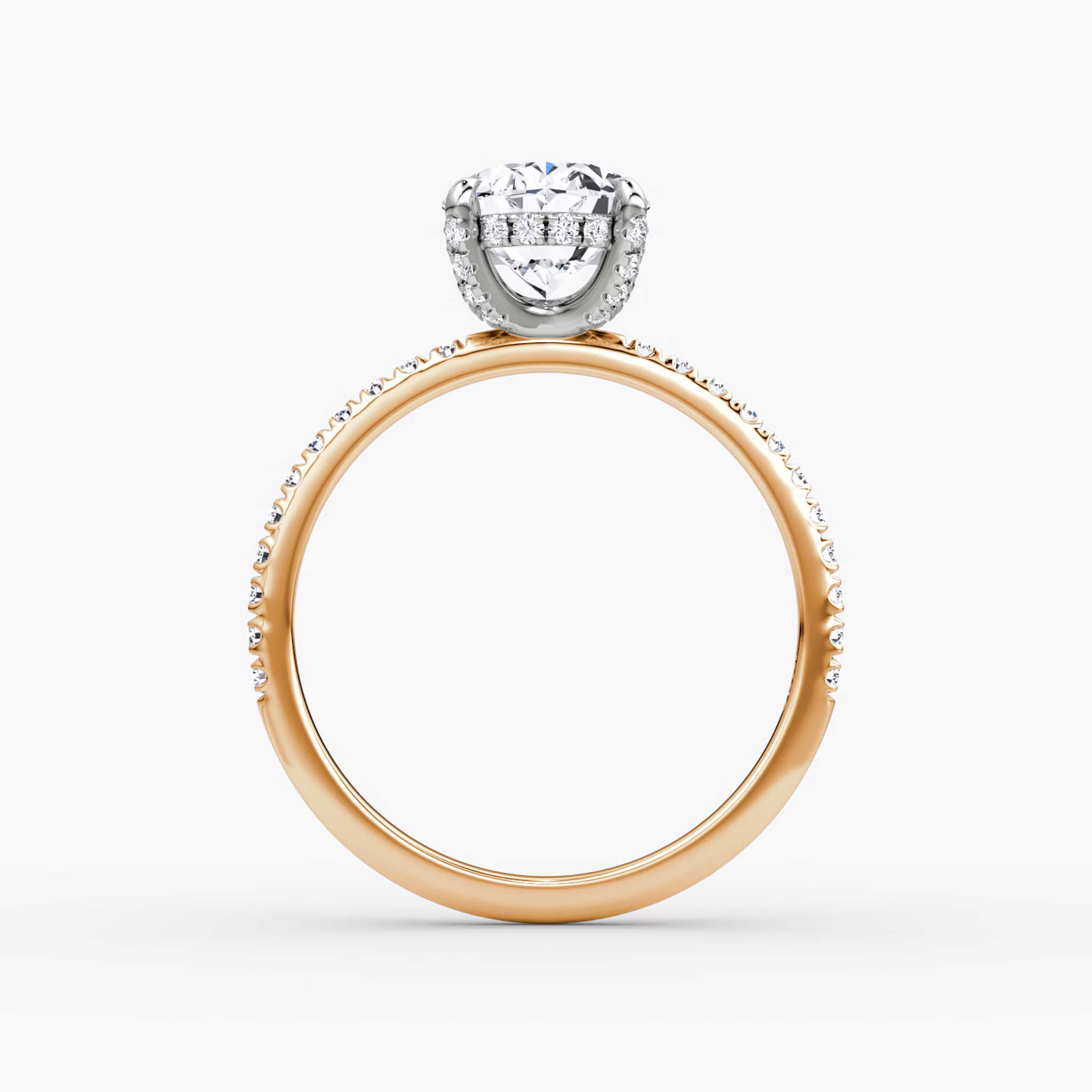 The Classic Hidden Halo | Oval | 14k | Rose Gold and Platinum | bandAccent: Pavé | bandWidth: standard | prongStyle: Pavé | diamondOrientation: vertical | caratWeight: other