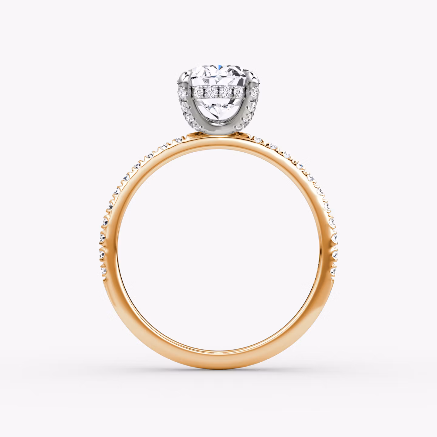 The Classic Hidden Halo | Oval | 14k | Rose Gold and Platinum | bandAccent: Pavé | bandWidth: standard | prongStyle: Pavé | diamondOrientation: vertical | caratWeight: other