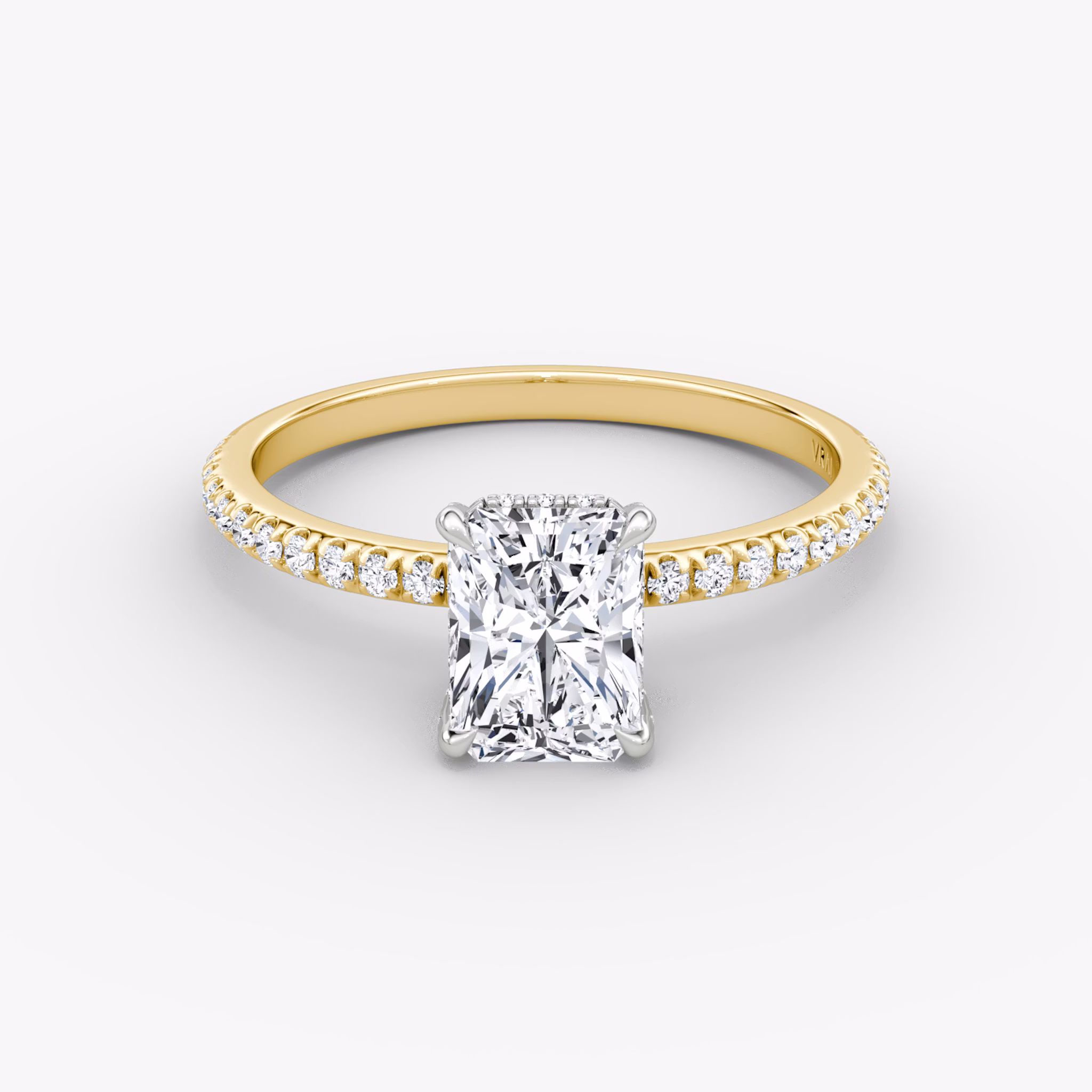 The Classic Hidden Halo | Radiant | 18k | Yellow Gold and Platinum | bandAccent: Pavé | bandWidth: standard | prongStyle: Pavé | diamondOrientation: vertical | caratWeight: other