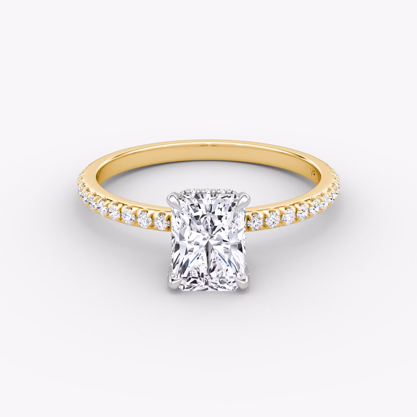 The Classic Hidden Halo | Radiant | 18k | Yellow Gold and Platinum | bandAccent: Pavé | bandWidth: standard | prongStyle: Pavé | diamondOrientation: vertical | caratWeight: other