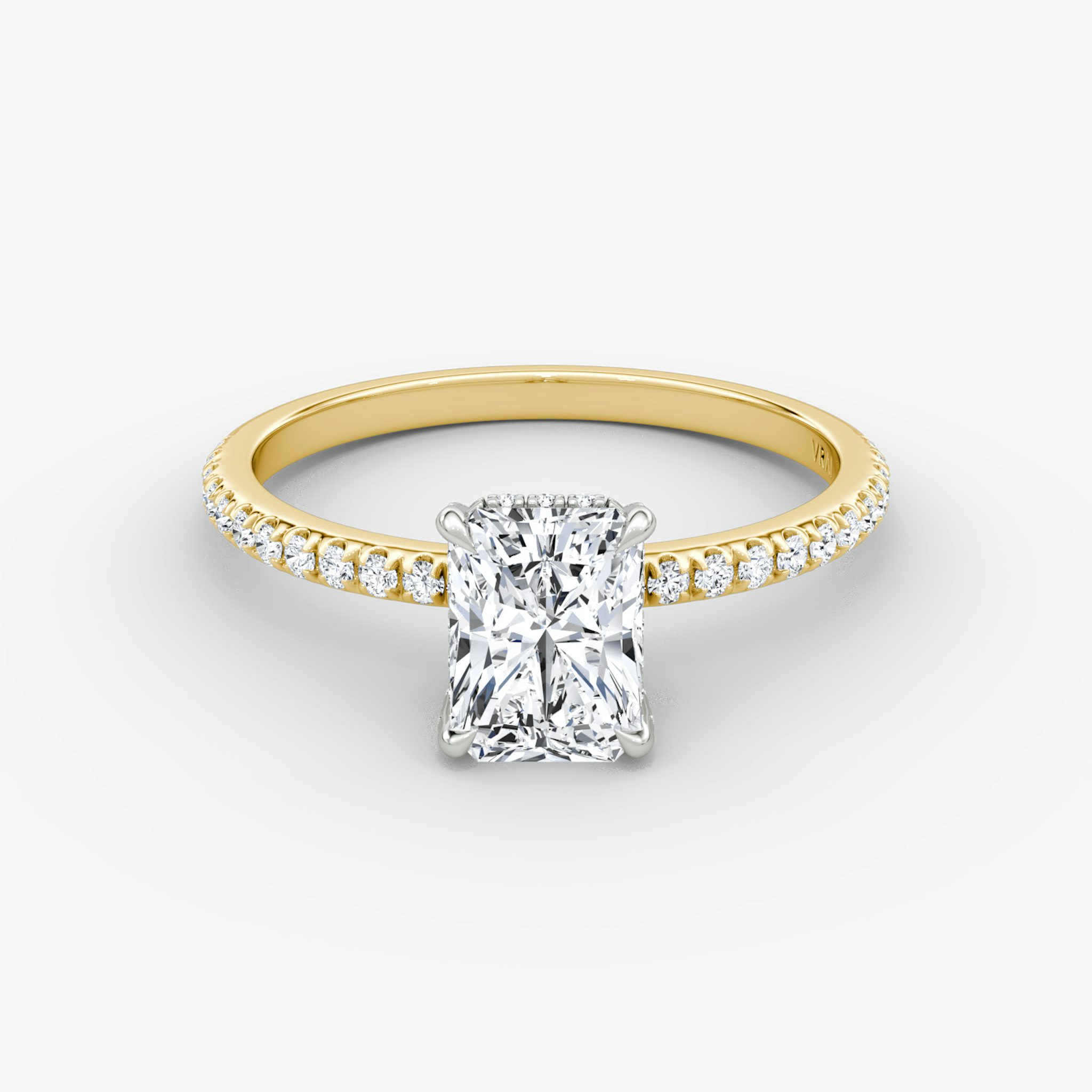 The Classic Hidden Halo | Radiant | 18k | Yellow Gold and Platinum | bandAccent: Pavé | bandWidth: standard | prongStyle: Pavé | diamondOrientation: vertical | caratWeight: other