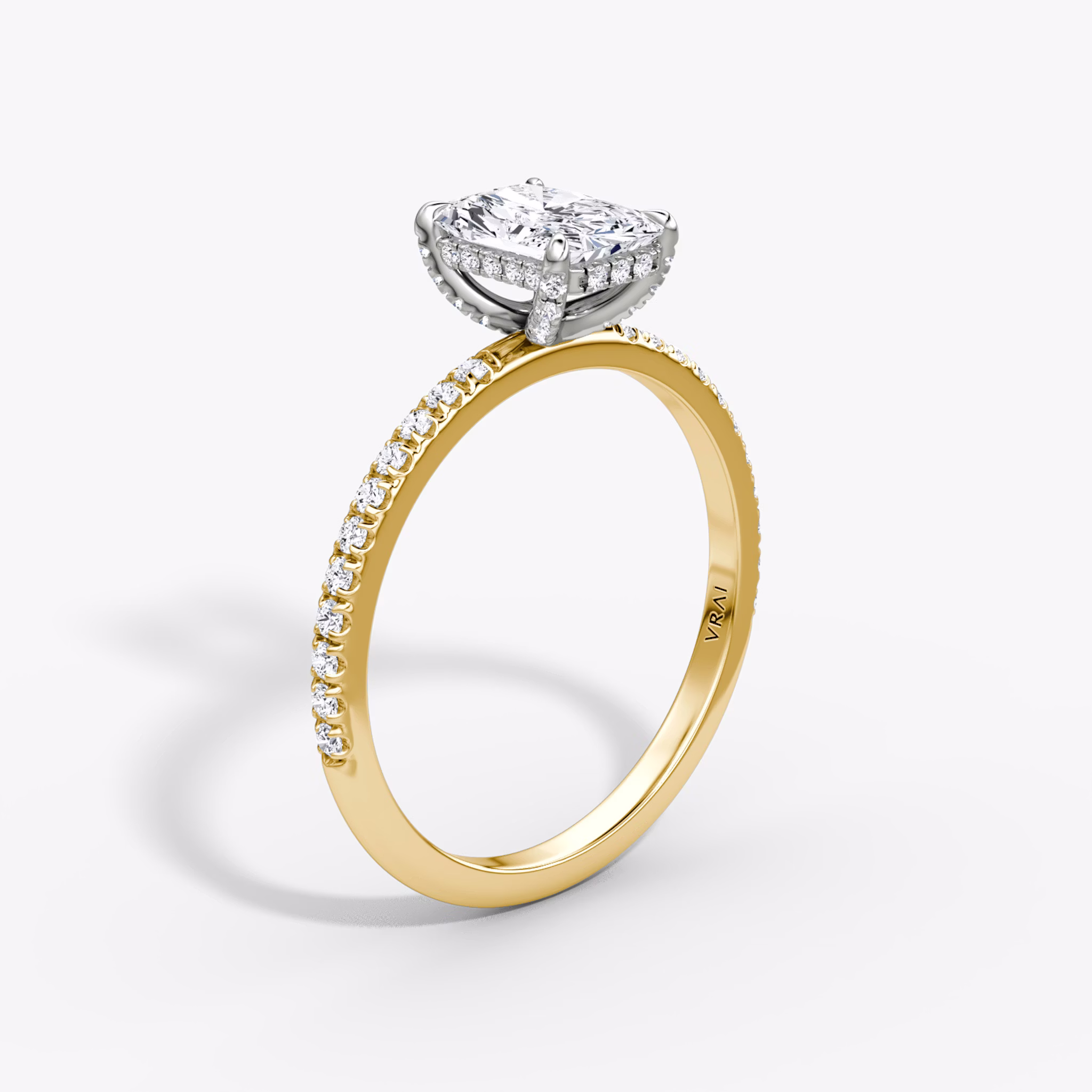 The Classic Hidden Halo | Radiant | 18k | Yellow Gold and Platinum | bandAccent: Pavé | bandWidth: standard | prongStyle: Pavé | diamondOrientation: vertical | caratWeight: other