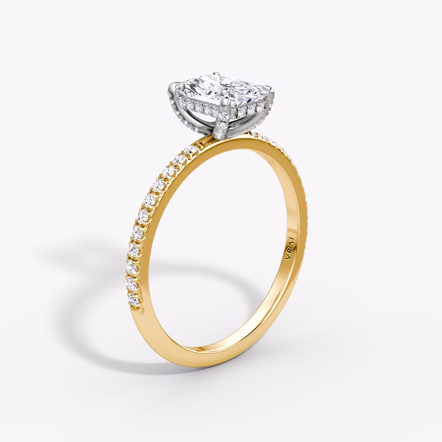 The Classic Hidden Halo | Radiant | 18k | Yellow Gold and Platinum | bandAccent: Pavé | bandWidth: standard | prongStyle: Pavé | diamondOrientation: vertical | caratWeight: other