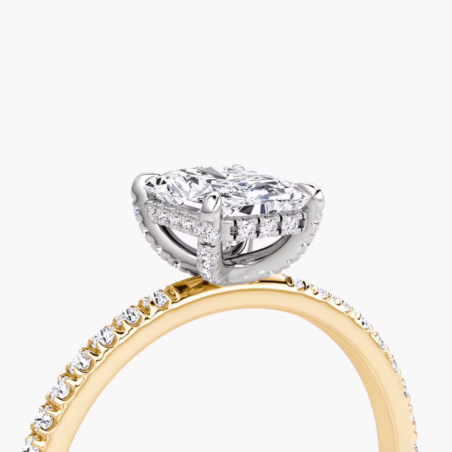 The Classic Hidden Halo | Radiant | 18k | Yellow Gold and Platinum | bandAccent: Pavé | bandWidth: standard | prongStyle: Pavé | diamondOrientation: vertical | caratWeight: other