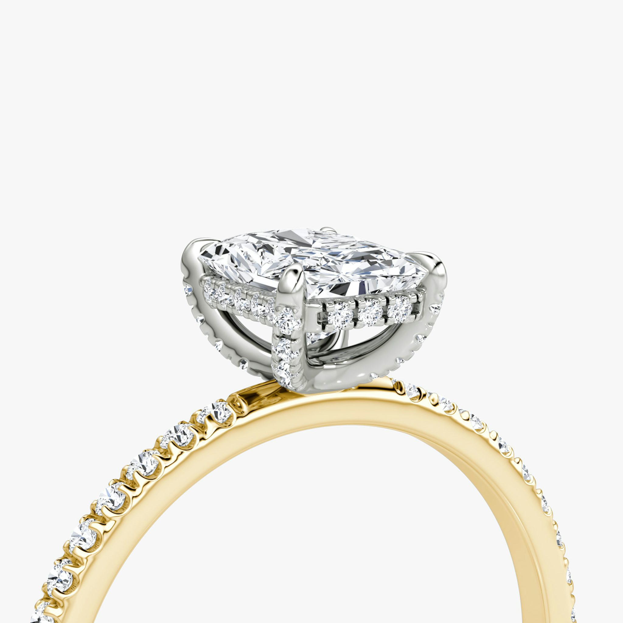 The Classic Hidden Halo | Radiant | 18k | Yellow Gold and Platinum | bandAccent: Pavé | bandWidth: standard | prongStyle: Pavé | diamondOrientation: vertical | caratWeight: other