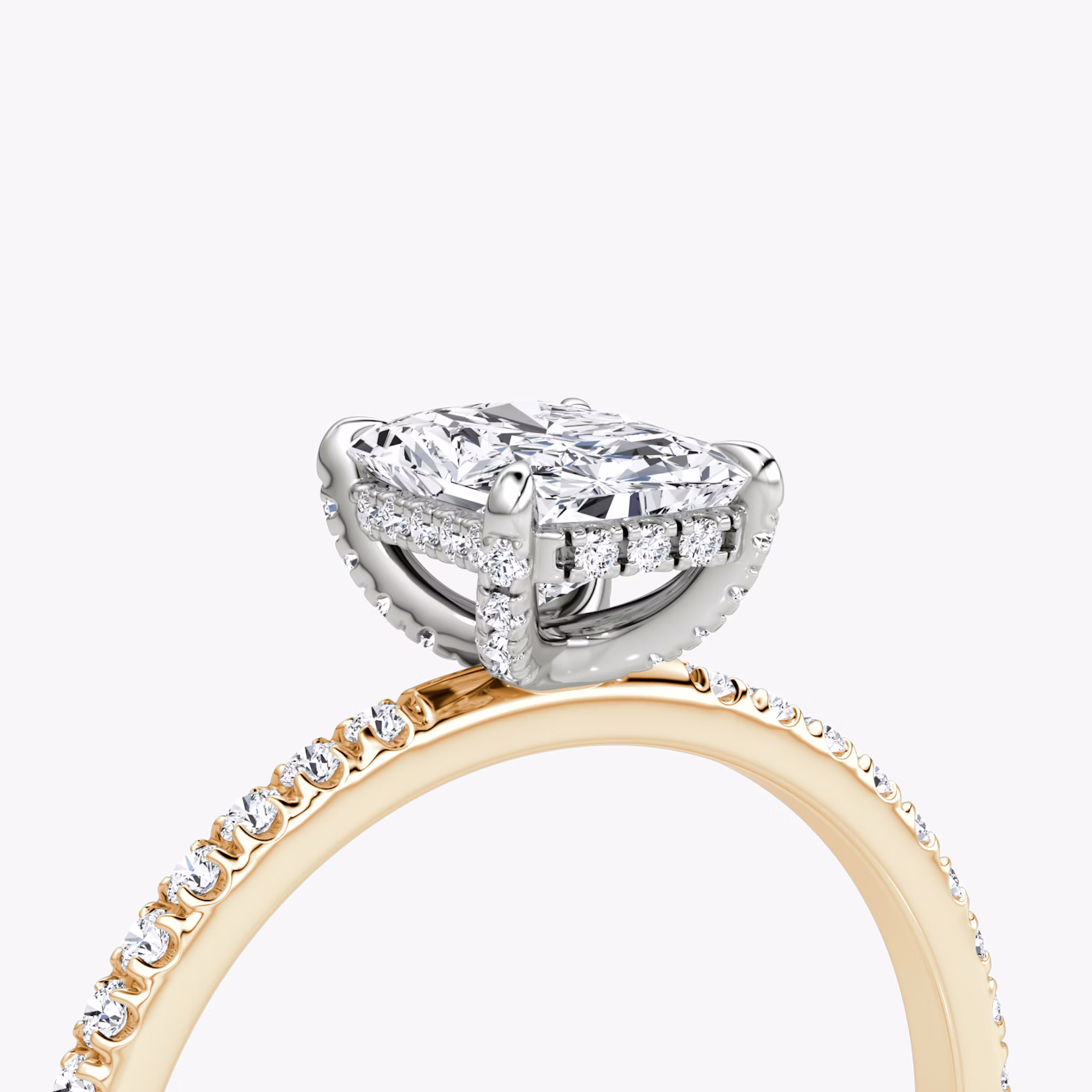 The Classic Hidden Halo | Radiant | 14k | Rose Gold and Platinum | bandAccent: Pavé | bandWidth: standard | prongStyle: Pavé | diamondOrientation: vertical | caratWeight: other