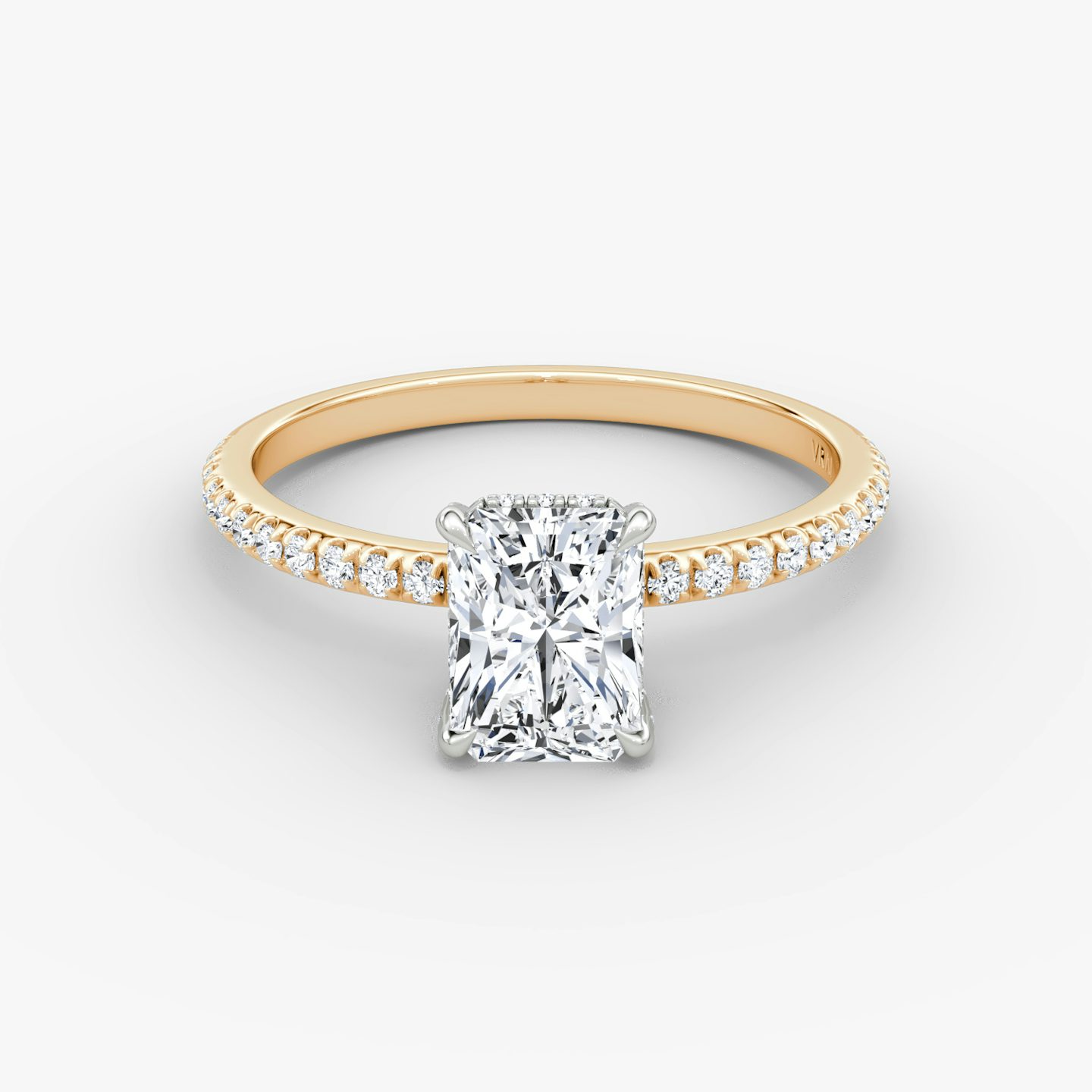 The Classic Hidden Halo | Radiant | 14k | Rose Gold and Platinum | bandAccent: Pavé | bandWidth: standard | prongStyle: Pavé | diamondOrientation: vertical | caratWeight: other