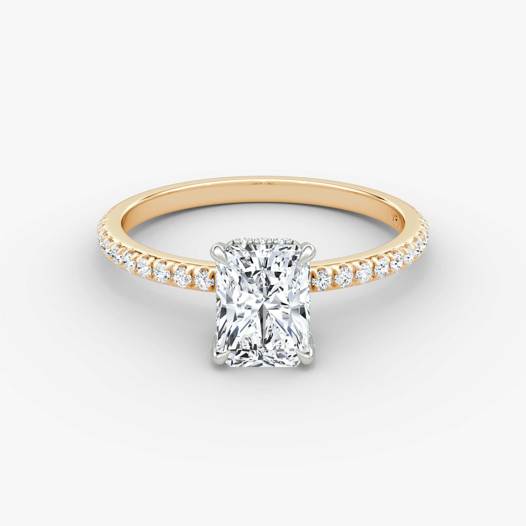 The Classic Hidden Halo | Radiant | 14k | Rose Gold and Platinum | bandAccent: Pavé | bandWidth: standard | prongStyle: Pavé | diamondOrientation: vertical | caratWeight: other